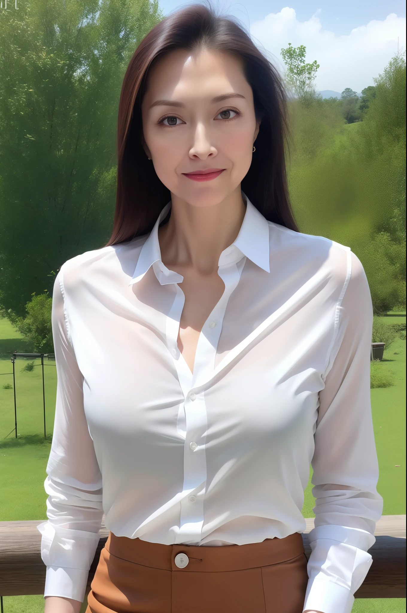 incomparable masterpiece, ultra realistic 8k CG, perfect work of art, ((perfect female figure)), Milf, looking at the viewer, mature woman, narrow waist, seductive posture, Sexy pose, attractive, clean and beautiful face, pure face, bright eyes, serrated skin, girl, ((outfit, skirt, wet and unbuttoned shirt)),