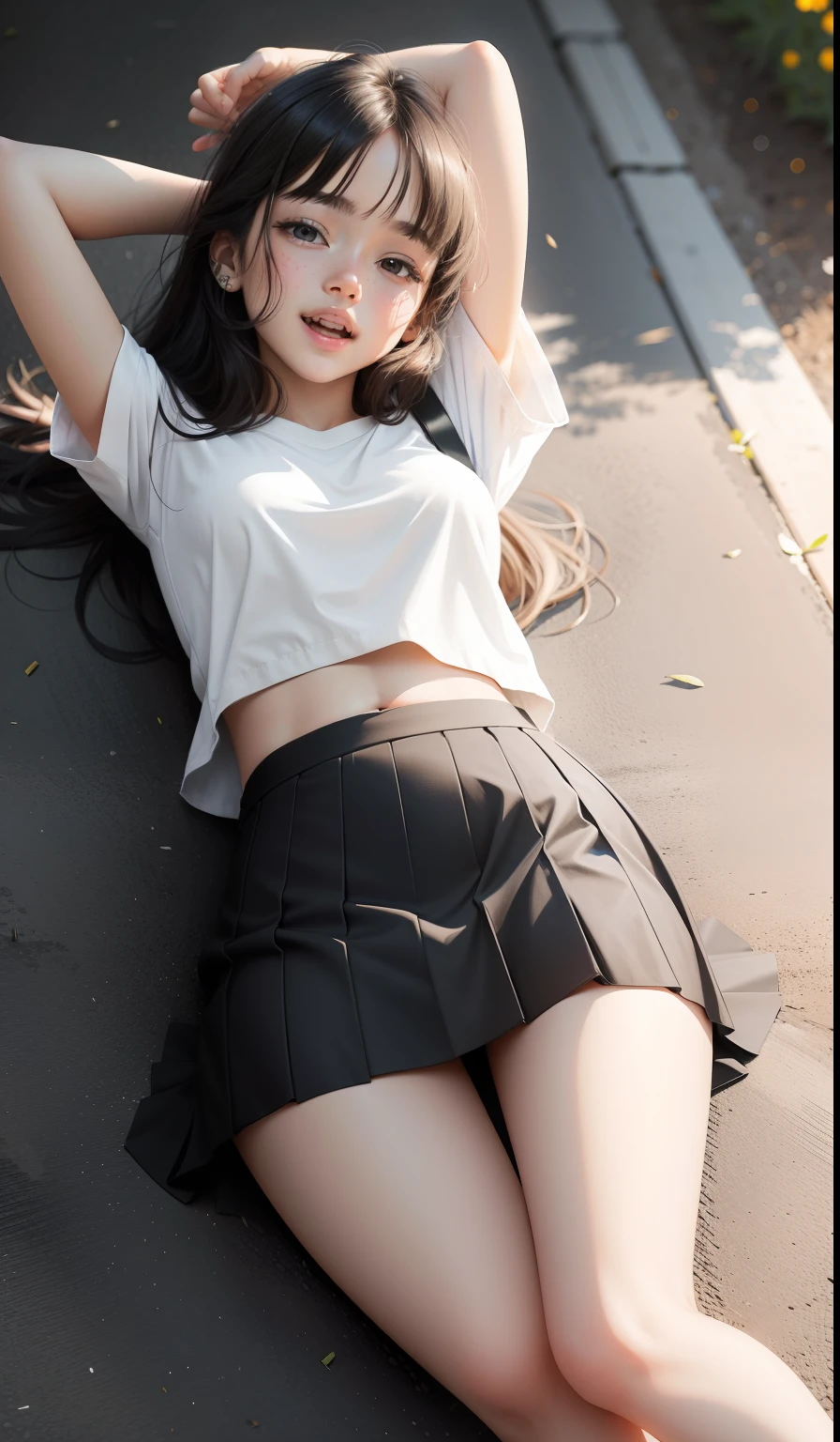 18-year-old girl wearing a short skirt，lies on the ground，an look of enjoyment，Painful movements