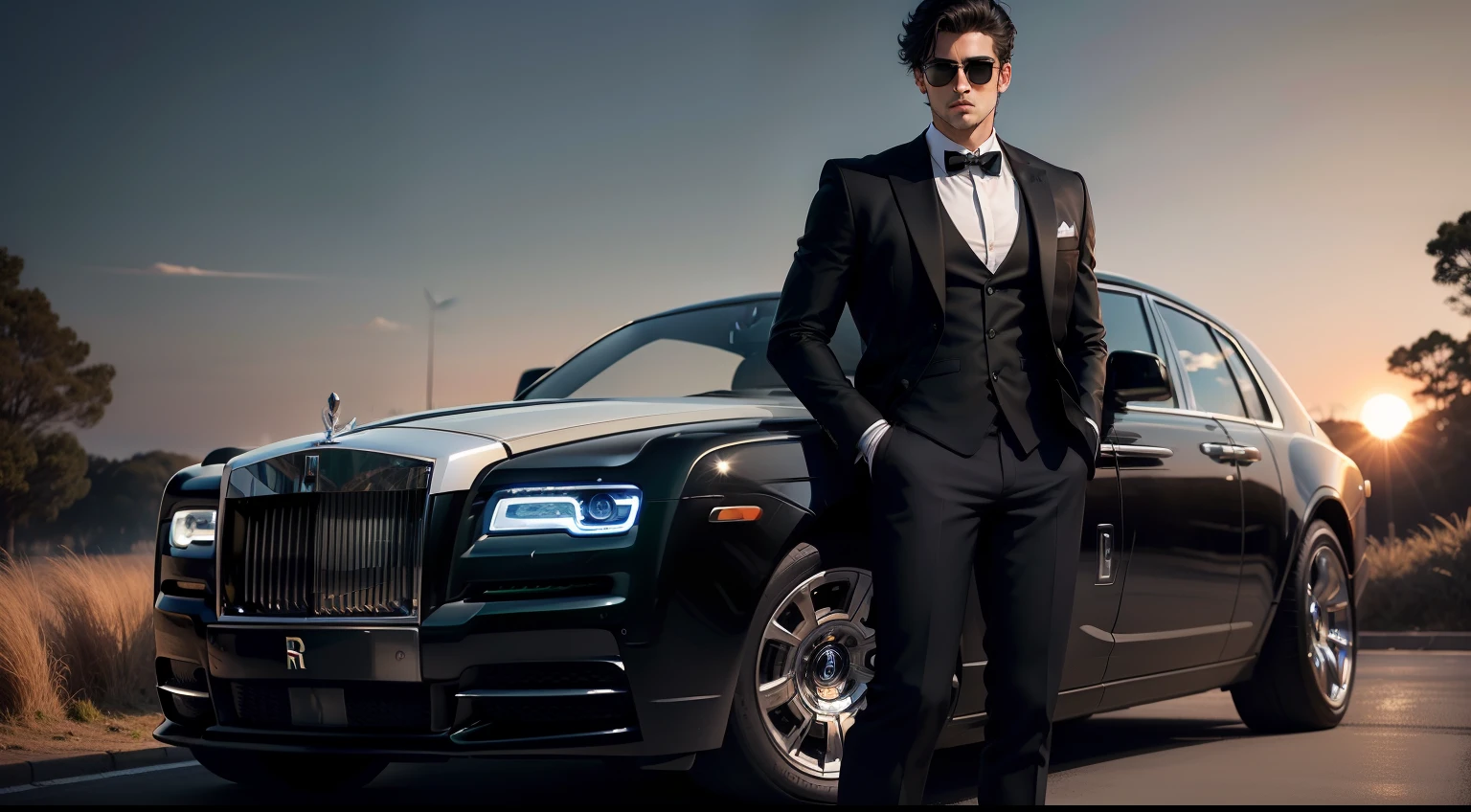 (Rolls-Royce black ) A car with a stylish boy standing in front of it, Masterpiece, classy hair, clear face, full face, handsome eyes, sunglass, background forest, sunset, cinematic sky, boy looking at the sky, cinematic expression,classy blazer,classic pose