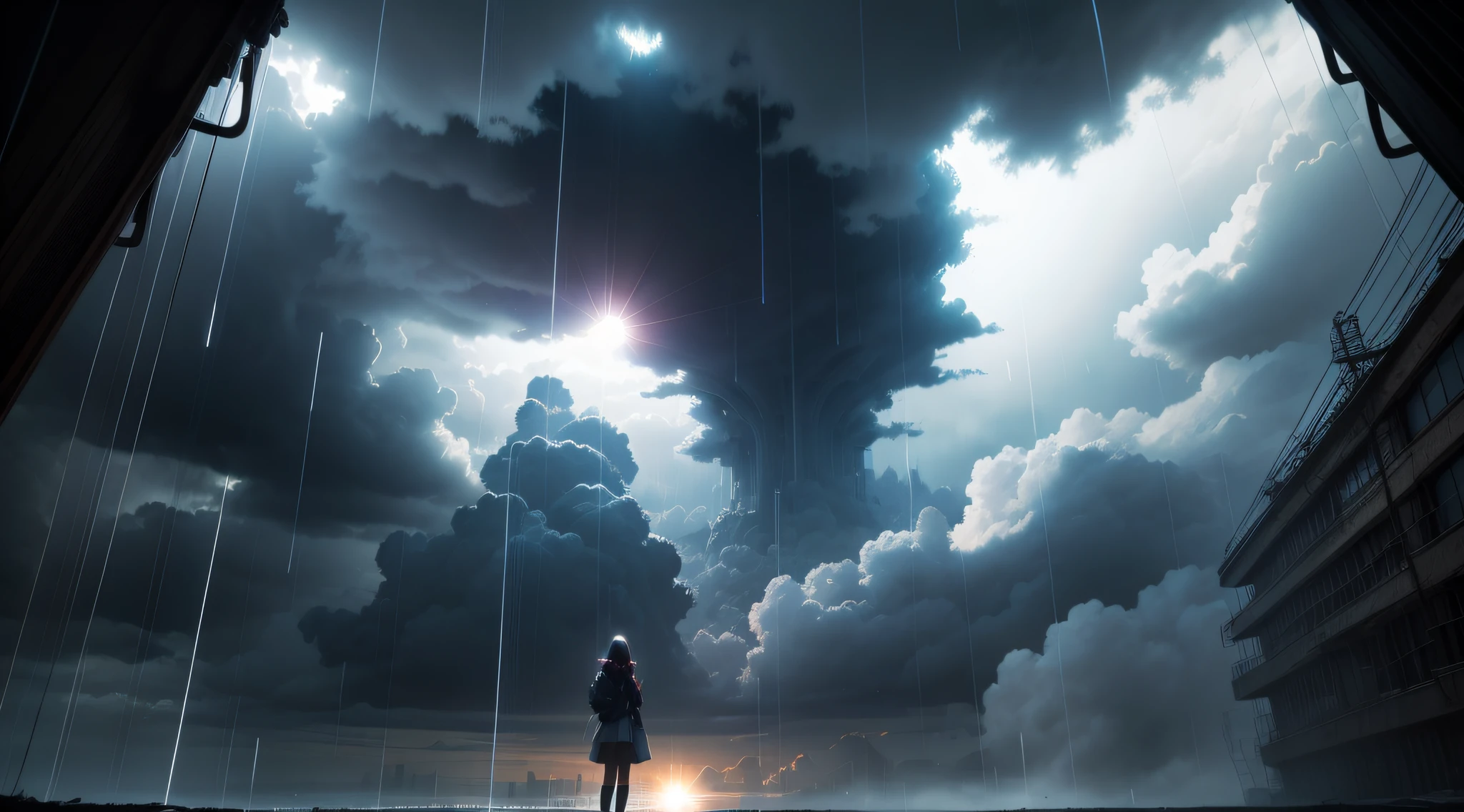 Through the clouds and rain,Anime style,hyper HD,Beautiful