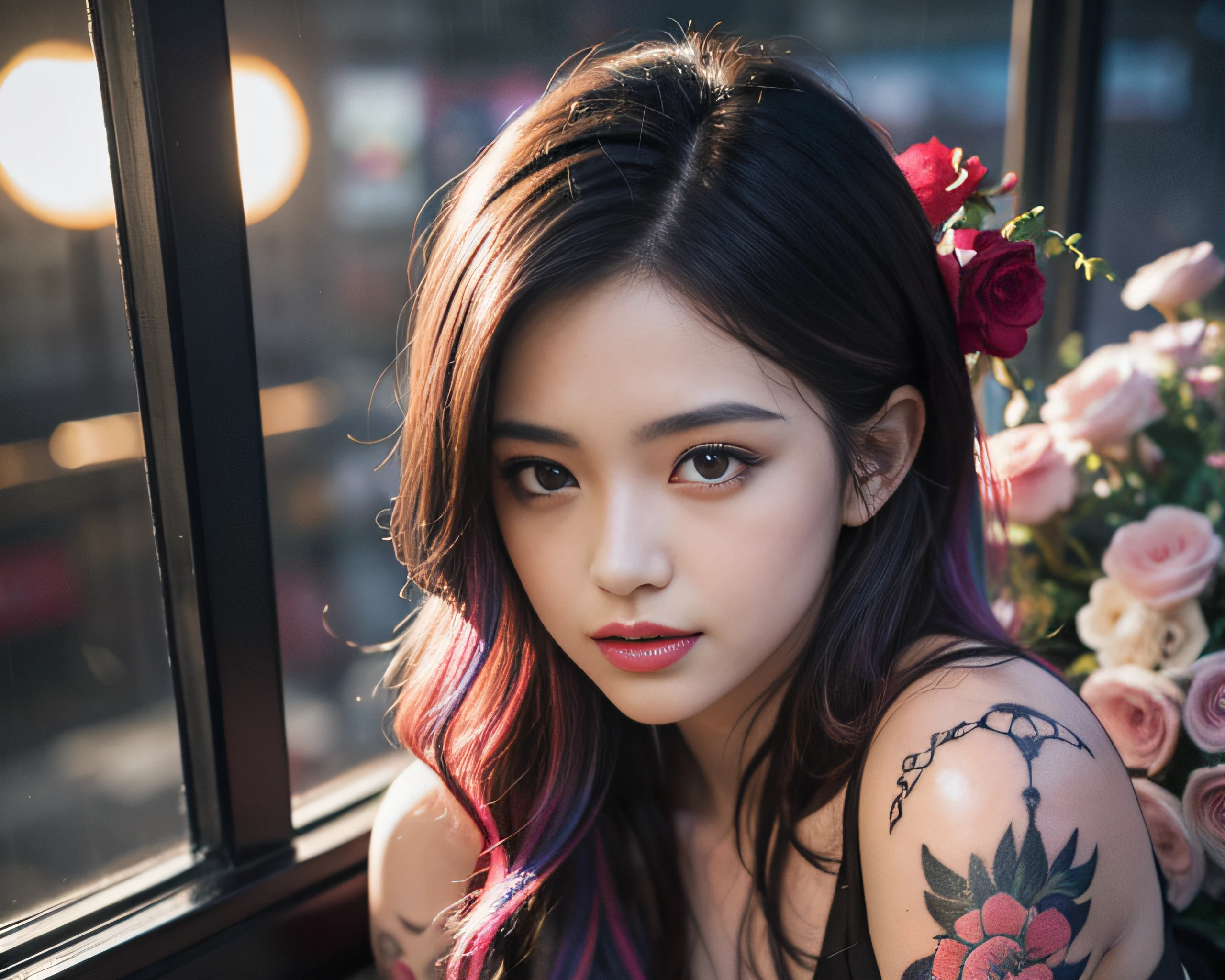 Realistic, 1girl in, Colorful hair, Purple eyes, Glowing eyes, cropped top, Skirt, Parted lips, blush, Night, Flowers, Sun, Sun, Sexy, Feminine, Seductive, Provocative, Multi-angle, ((1girl in)),Girl in fancy streetwear, neotokyo, Centered| Convoluted| Highly detailed| Breathtaking beauty| precise lineart| Vibrant| comprehensive cinematic| Carne Griffiths| Conrad Roset, 8K, Oil Painting, Cinematic lighting, rainy, ((The tattoo)),(Fancy hair color)),((random facial expression)),smirk grin,all-fours,Angle from above