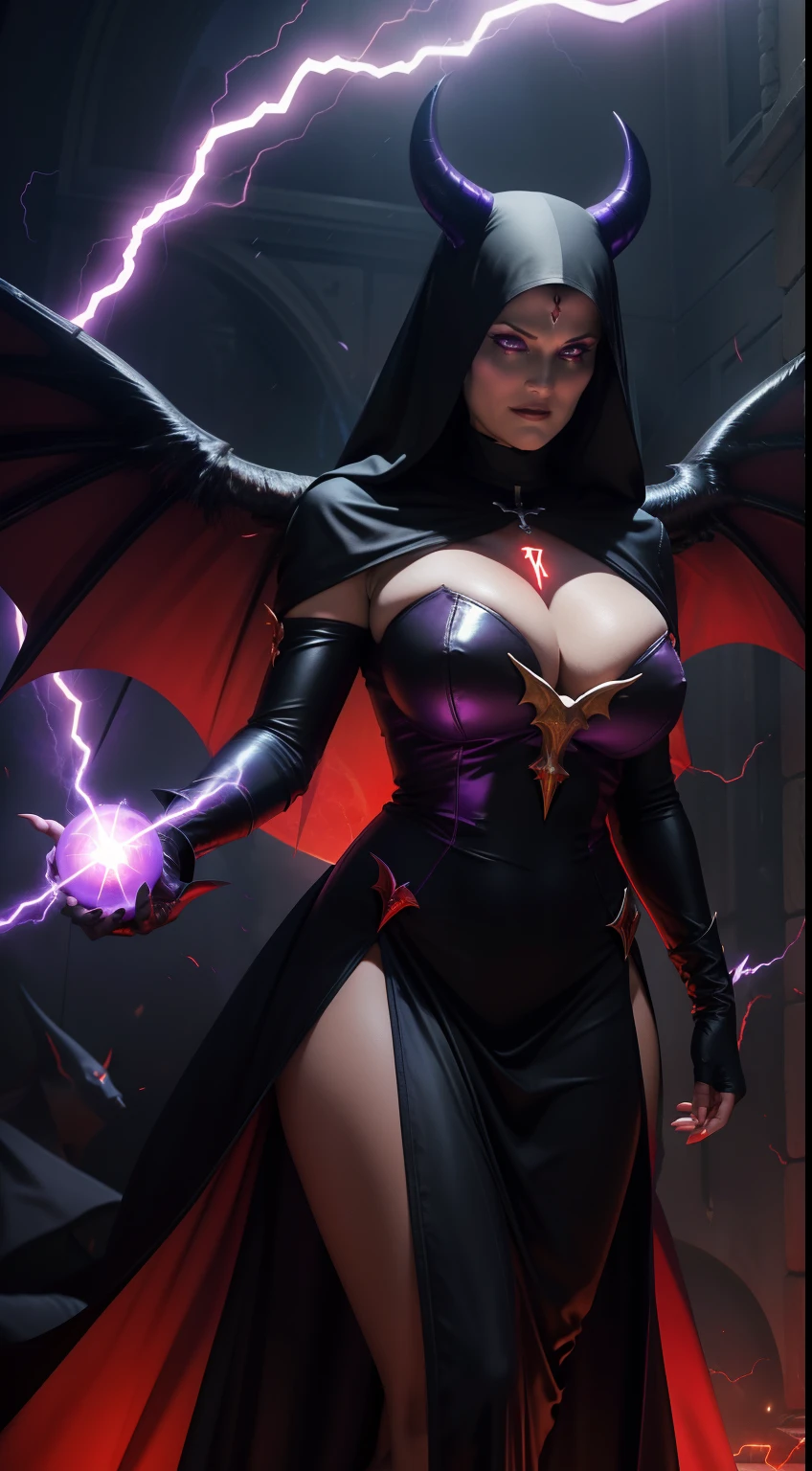 Deauxma : The evil nun, Demon horn on the head, Demon wings in the back , an evil red glow emanating from her, His hands preparing a sphere of purple energy, throwing lightning bolts at the panicked crowd, diabolique, insidieux, Context of the Satanic Church