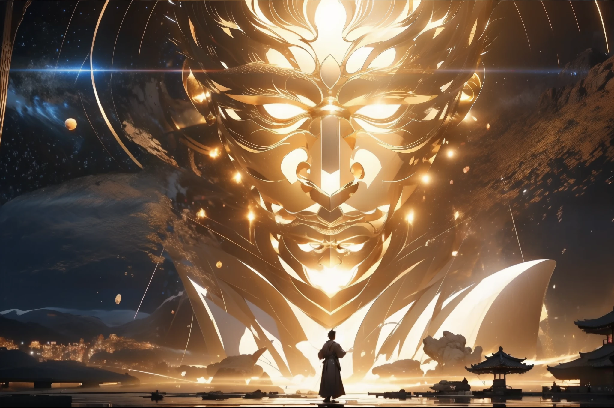 Chinese mythology,Chinese long-haired little Taoist,(Wide robe),(the space),(He stood in front of a huge transparent projection。,Golden light。。。。。。。。。。。:1.4),(cleanness:1.4),Random color,Stretch your hands,swords drawn,The background is the sky of an ancient Chinese city。 Infinite Sword System,Tyndall effect,Glow effects,Anime art style,Romantic graffiti,Meticulous,Realism is popular, New Fauvist style,Knolling,8K,tmasterpiece,super-fine,best qualtiy,8K resolution,tmasterpiece,Works of masters,Detailed pubic hair,Accurate,Epic shooting,(Look up:1.5)