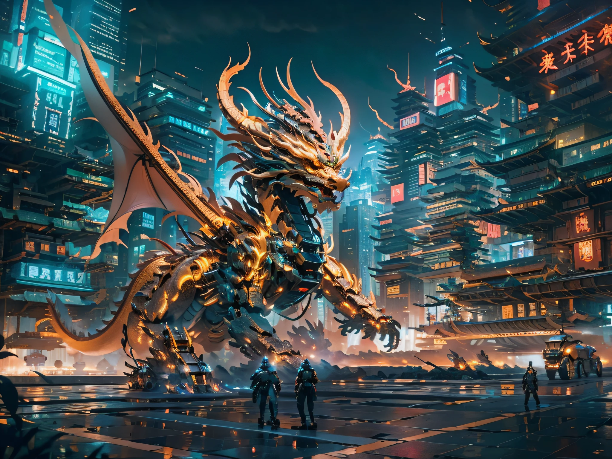 A mecha dragon，Mecha Chinese dragon，A technology background that is ahead of the future，Domineering，multiple lighting sources，Complex structures，Cyber city background，Buildings，the night，with light glowing，（（tmasterpiece，best qualtiy）），illustration，Ultra-detailed 8K，Clear focus，A highly detailed，Professional lighting，Colorful detailed，