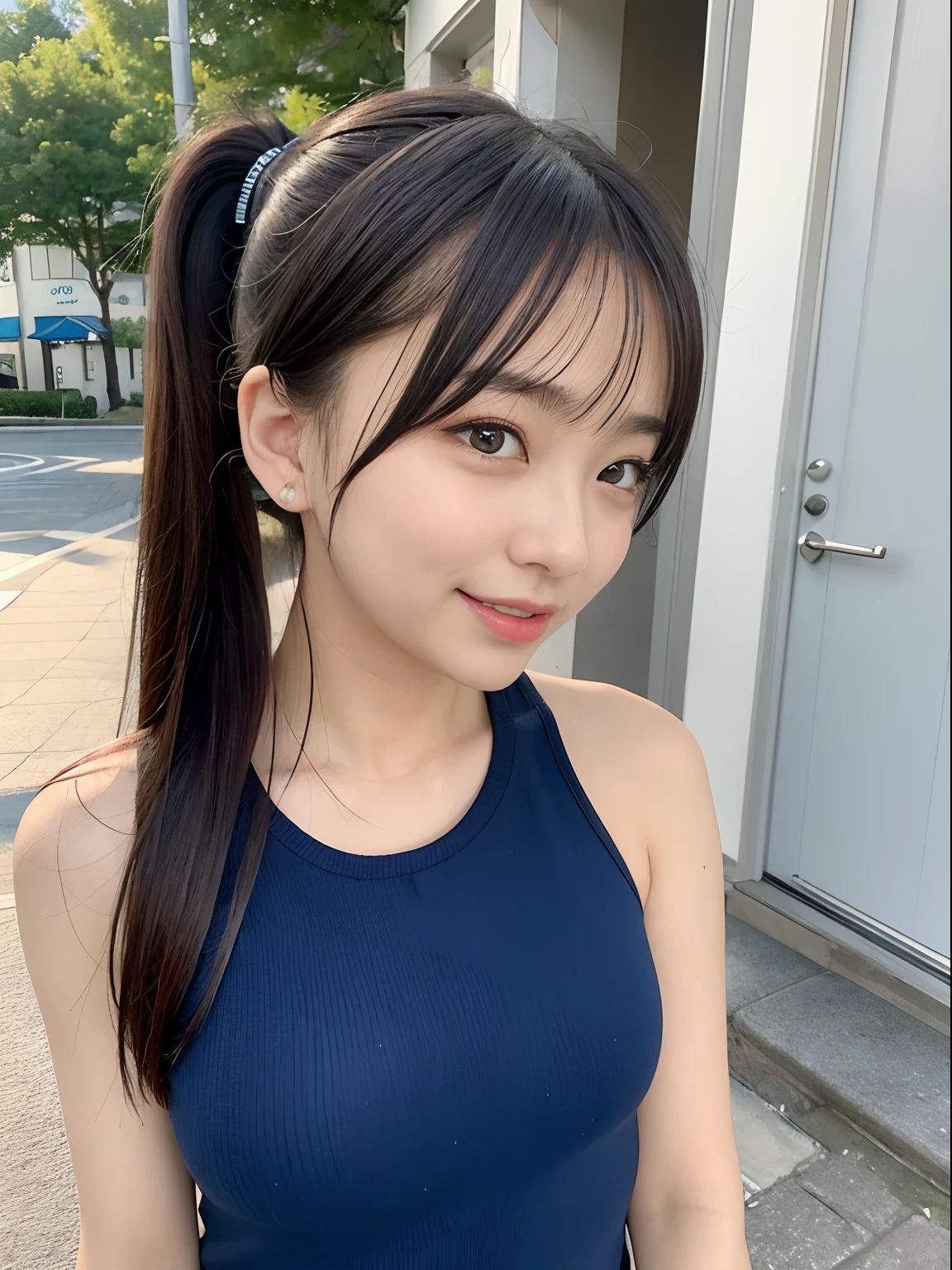 in 8K、top-quality、​masterpiece、ultra-detailliert、超A high resolution、profetional lighting、1 girl of 20 years、portlate、Short ponytail、Scrunchie、Put your ears out、Tear bag、二重まぶた、Gentle eyes、azure eyes、耳Nipple Ring、Opens mouth and laughs