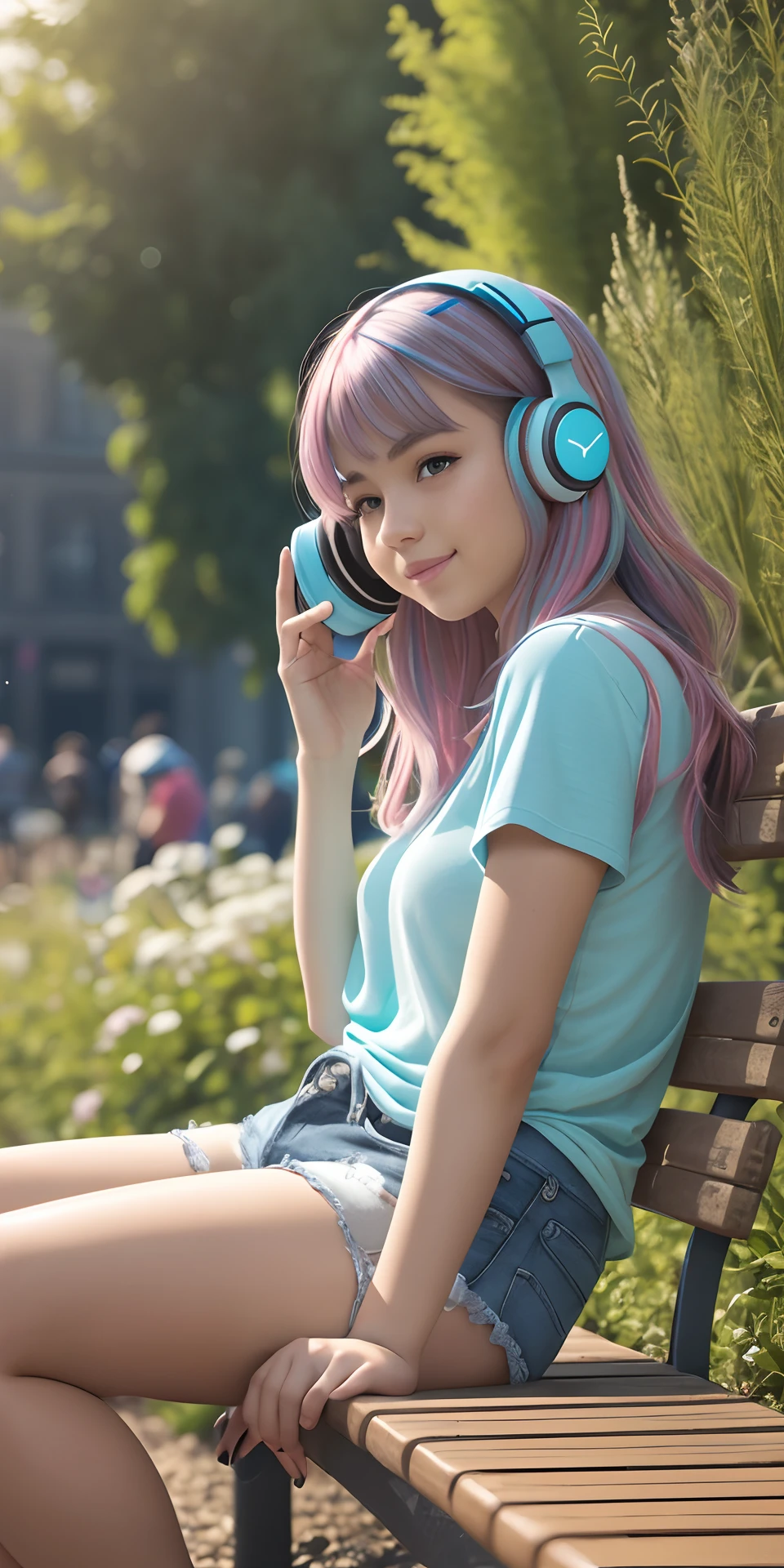 a young woman (random hair color). small tit's. shorter shorts. short top (Random color). sitting on a bench. listening a music. head-phone (random color). garden. crowded people on garden. Complex background. perfect pose. perfect body. perfect head. perfect arm's perfect leg's. perfect finger's. Ultra-Realistic. Ultra-Detailed. Ultra-Sharp Hi-Res. 8K. -- ar 3:4 --auto --s2