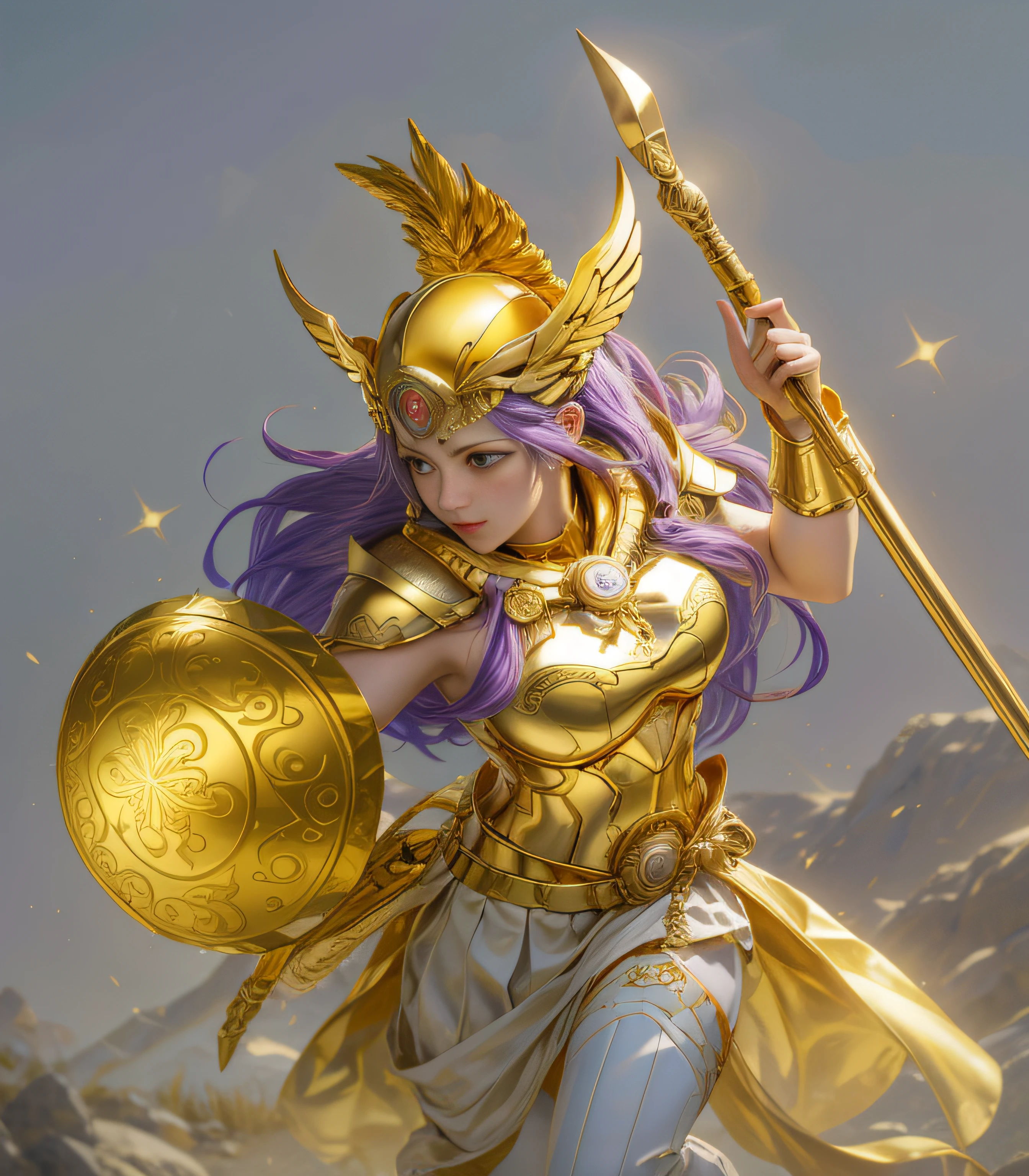 Athena, goddess of war,Golden round shield,Golden armor,Purple colored hair,golden helmet,Golden spear in hand