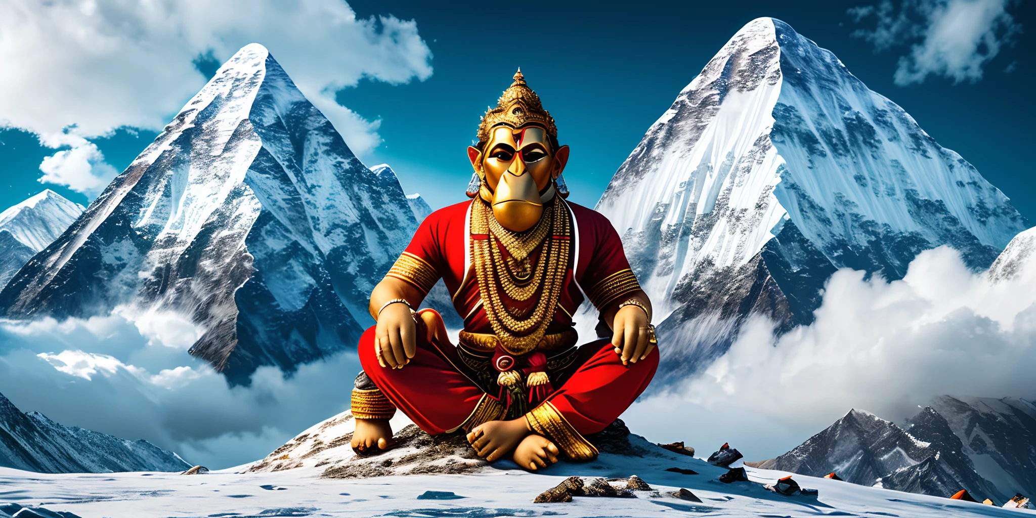 imagine 8k, realistic,highly detailed , master piece, gigantic Hanuman ji sitting next to mount everest.very detailed ,8k imagine --auto --s2