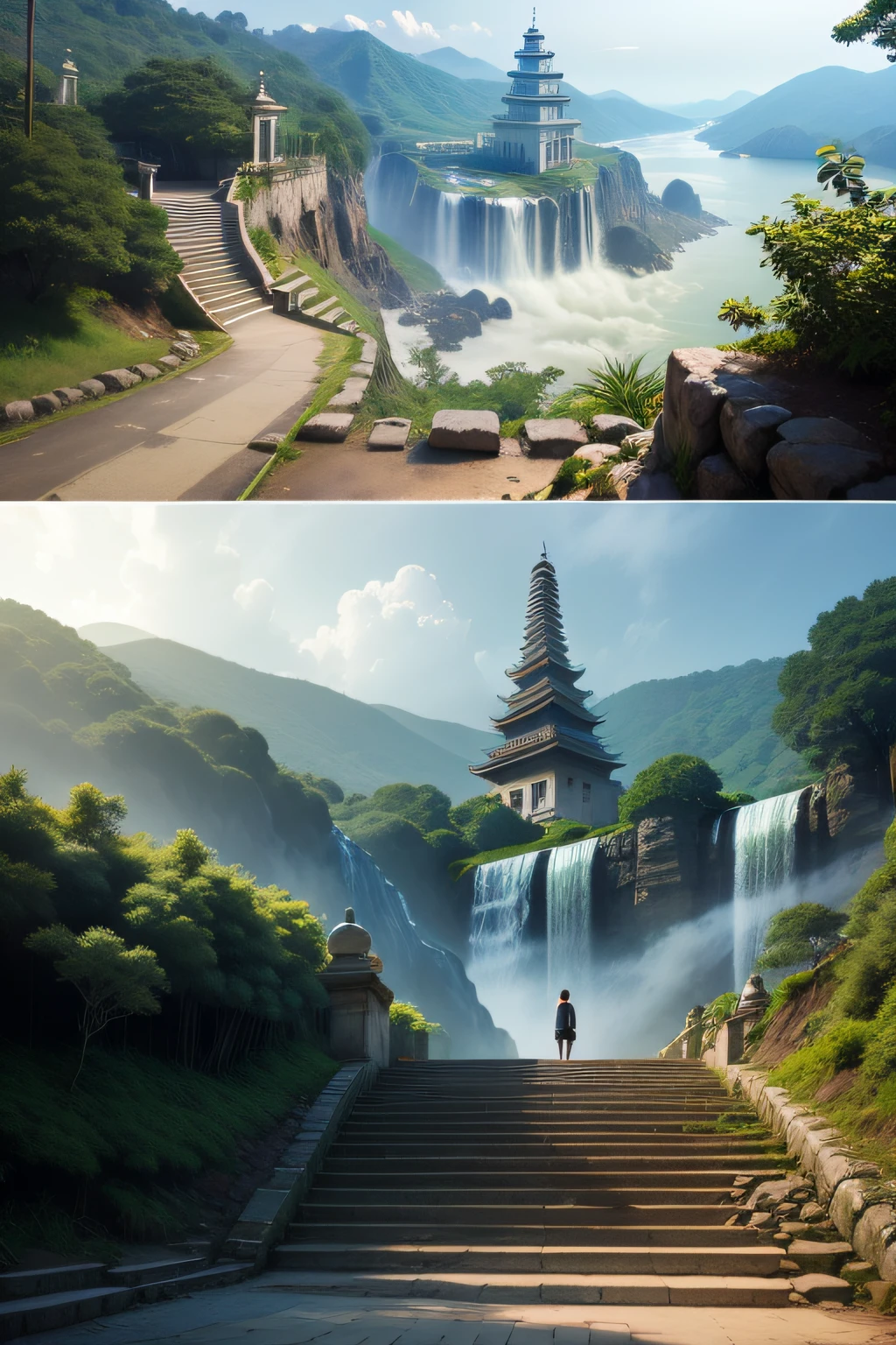 temples, Waterfall sampling steps, city in mist, Andaman Sea.