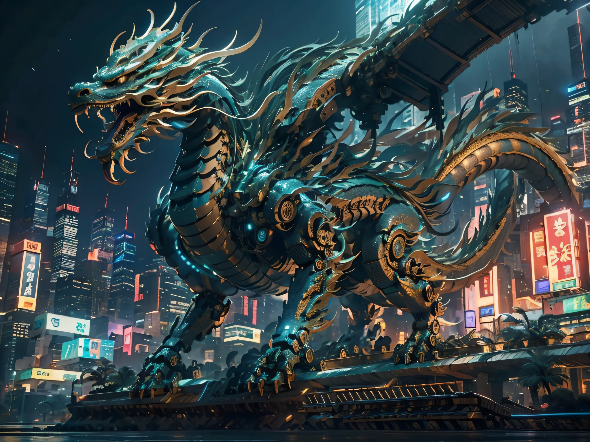 A mecha dragon，Mecha Chinese dragon，A technology background that is ahead of the future，Domineering，multiple lighting sources，Complex structures，Cyber city background，Buildings，the night，with light glowing，（（tmasterpiece，best qualtiy）），illustration，Ultra-detailed 8K，Clear focus，A highly detailed，Professional lighting，Colorful detailed，