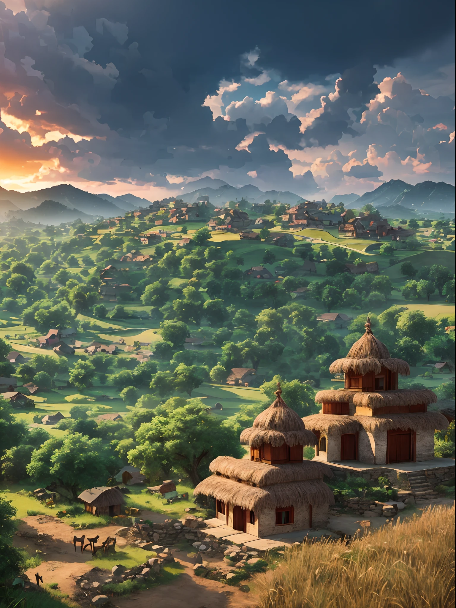 village nestled between rolling hills, hyper realistic, 8k, Indian ancient era, --auto --s2