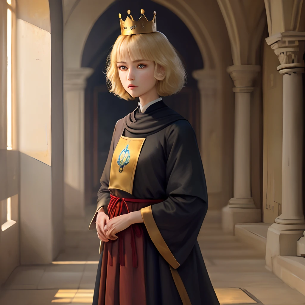 Monastic dress, crown golden eyes, too blonde, short hair, little lion