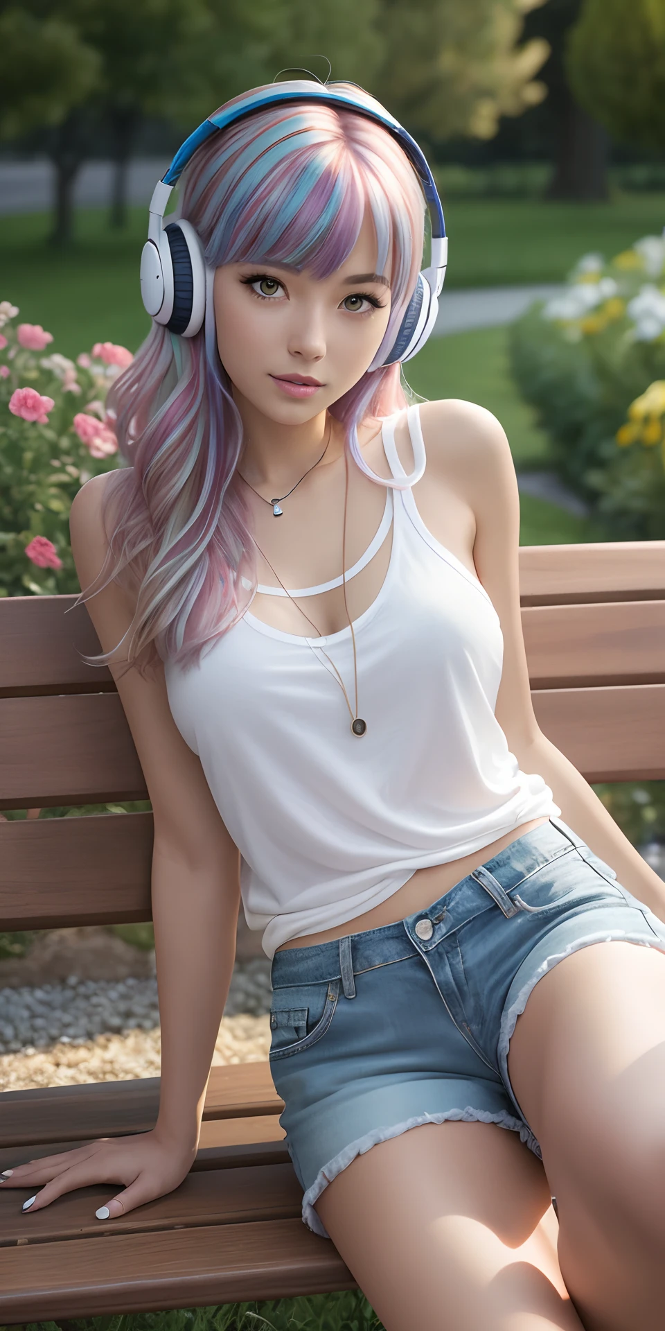 a young woman (random hair color). small tit's. shorter shorts. short top (Random color). sitting on a bench. listening a music. head-phone (random color). garden. crowded people on garden. Complex background. perfect pose. perfect body. perfect head. perfect arm's perfect leg's. perfect finger's. Ultra-Realistic. Ultra-Detailed. Ultra-Sharp Hi-Res. 8K. -- ar 3:4 --auto --s2