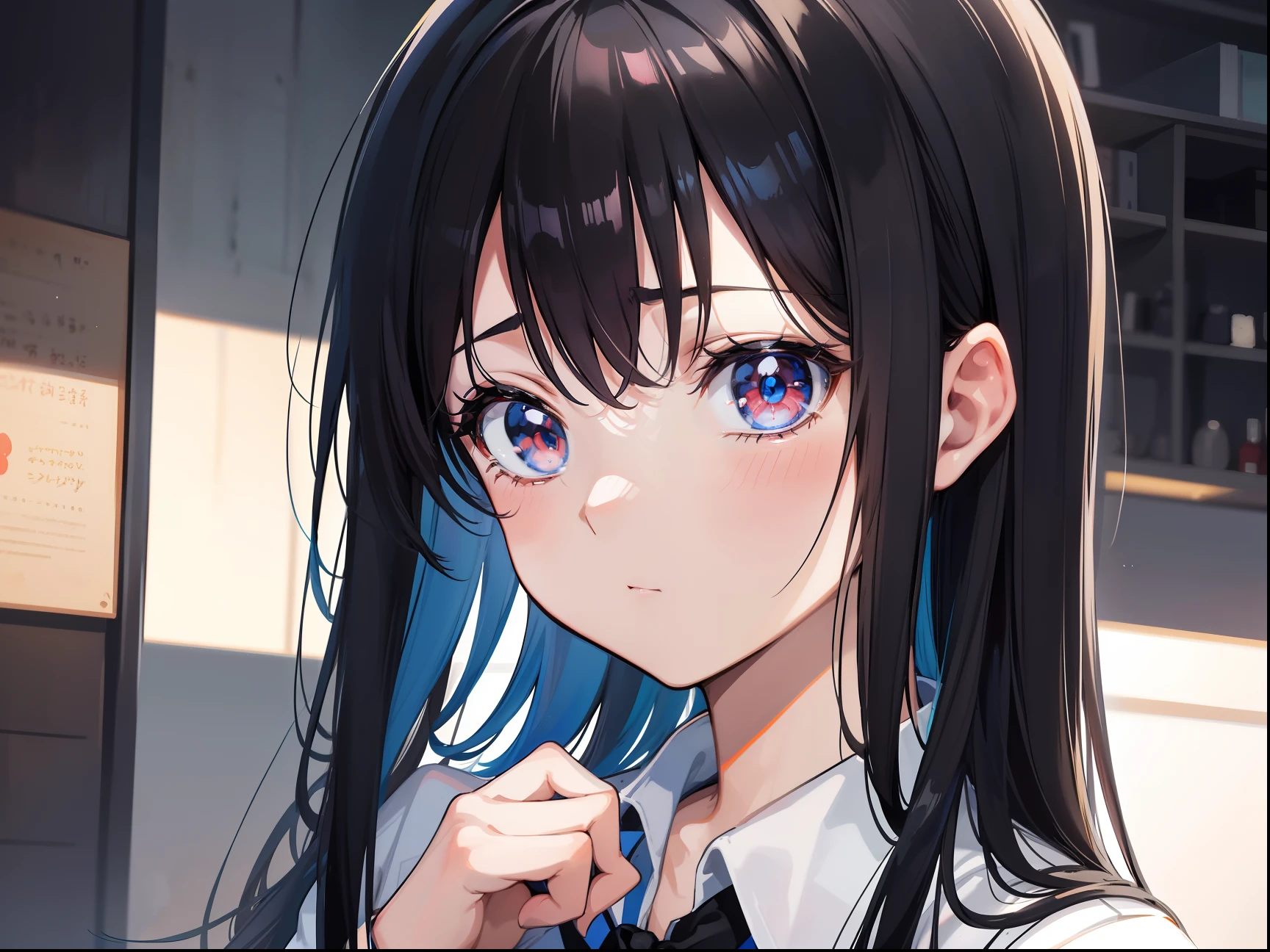 anime girl with long black hair and blue shirt with white collar, iwakura lain, close up iwakura lain, waifu, nagatoro, anime waifu, kawaii realistic portrait, wataru kajika, close up of iwakura lain, cute natural anime face, anime visual of a cute girl, cute anime girl, anime moe artstyle