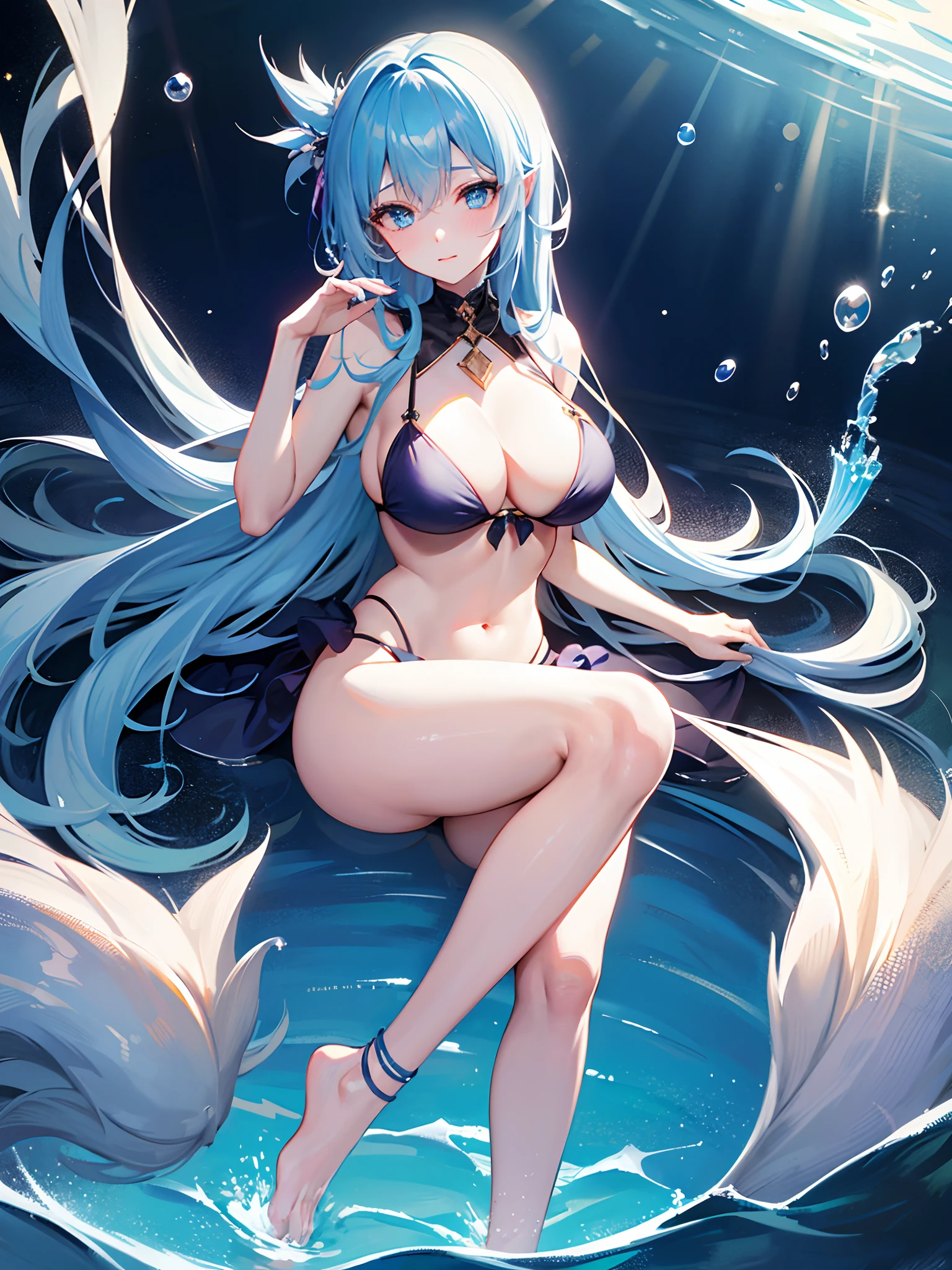 8K、animesque、top-quality、masutepiece、An ultra-high picture quality、ultra-detailliert、Super beautiful、Ultra-detailed hair quality、Super beautiful、portlate、full body Esbian、Bewitching look、water gun、Translucent bikini、Beautuful Women、Long blue hair、Twin-tailed、Blue eyes、shinny skin、Bursting chest、very Bigger breasts、Very big butt、Water droplets running down the skin、The background is a great night pool