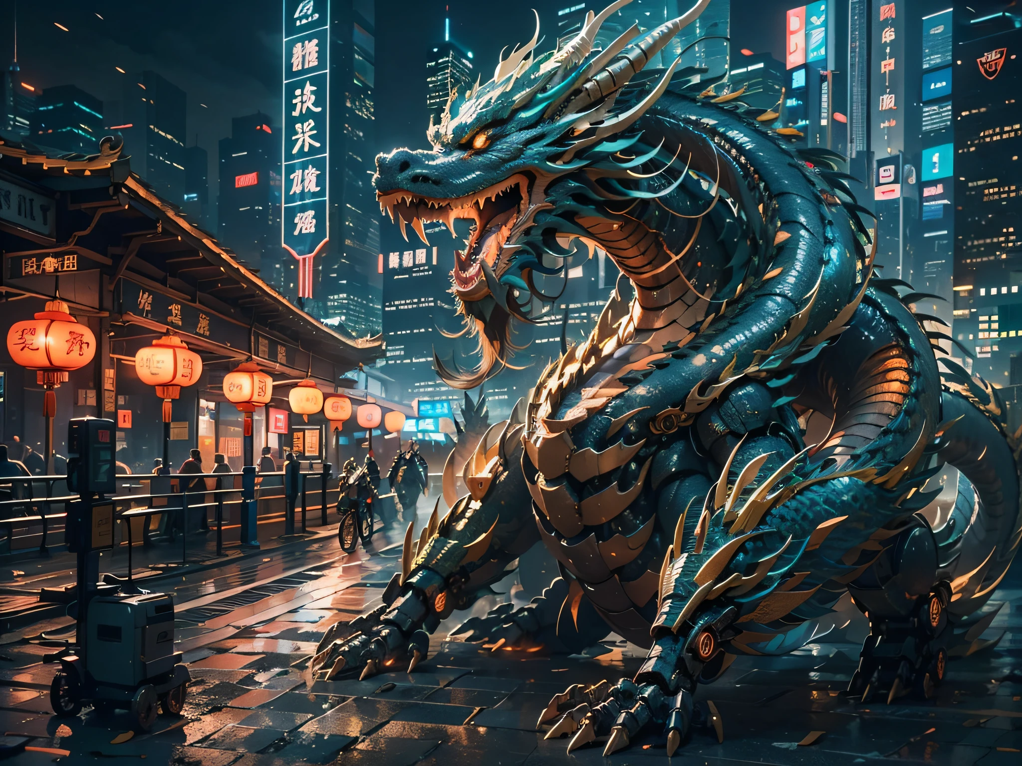 A mecha dragon，Mecha Chinese dragon，A technology background that is ahead of the future，Domineering，multiple lighting sources，Complex structures，Cyber city background，Buildings，the night，with light glowing，（（tmasterpiece，best qualtiy）），illustration，Ultra-detailed 8K，Clear focus，A highly detailed，Professional lighting，Colorful detailed，