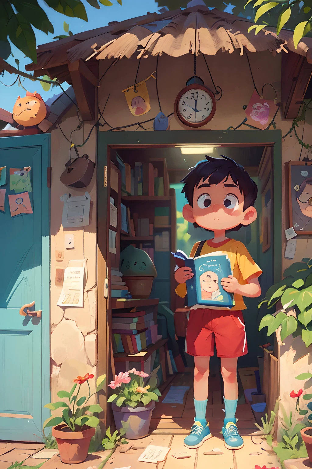 Eco is a little boy of 5 years old, with blue eyes and light short hair. He wears a bright blue shirt with drawings of flowers or animals, red shorts and yellow shoes, stands in front of his house holding an open book about the land of flowers. The sun shines gently, creating a warm atmosphere around. ridiculous resolution, high resolution, (masterpiece:1.4), super detailed, The illustration is a high-definition illustration in 4K resolution with highly detailed facial features and cartoon-style visuals.