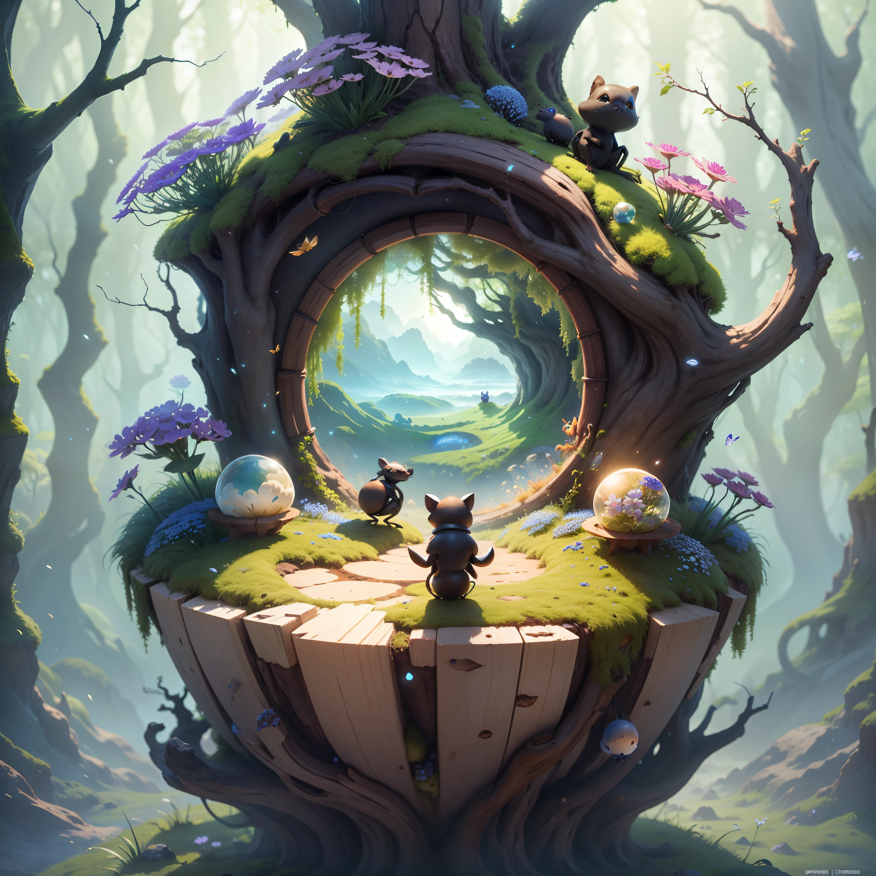Cute anthill with moss and cute glowing ants sitting on top, made of sand, blue higan flowers blooming, transparent fog, hemispherical looking down from the sky, fantasy, art --auto --s2