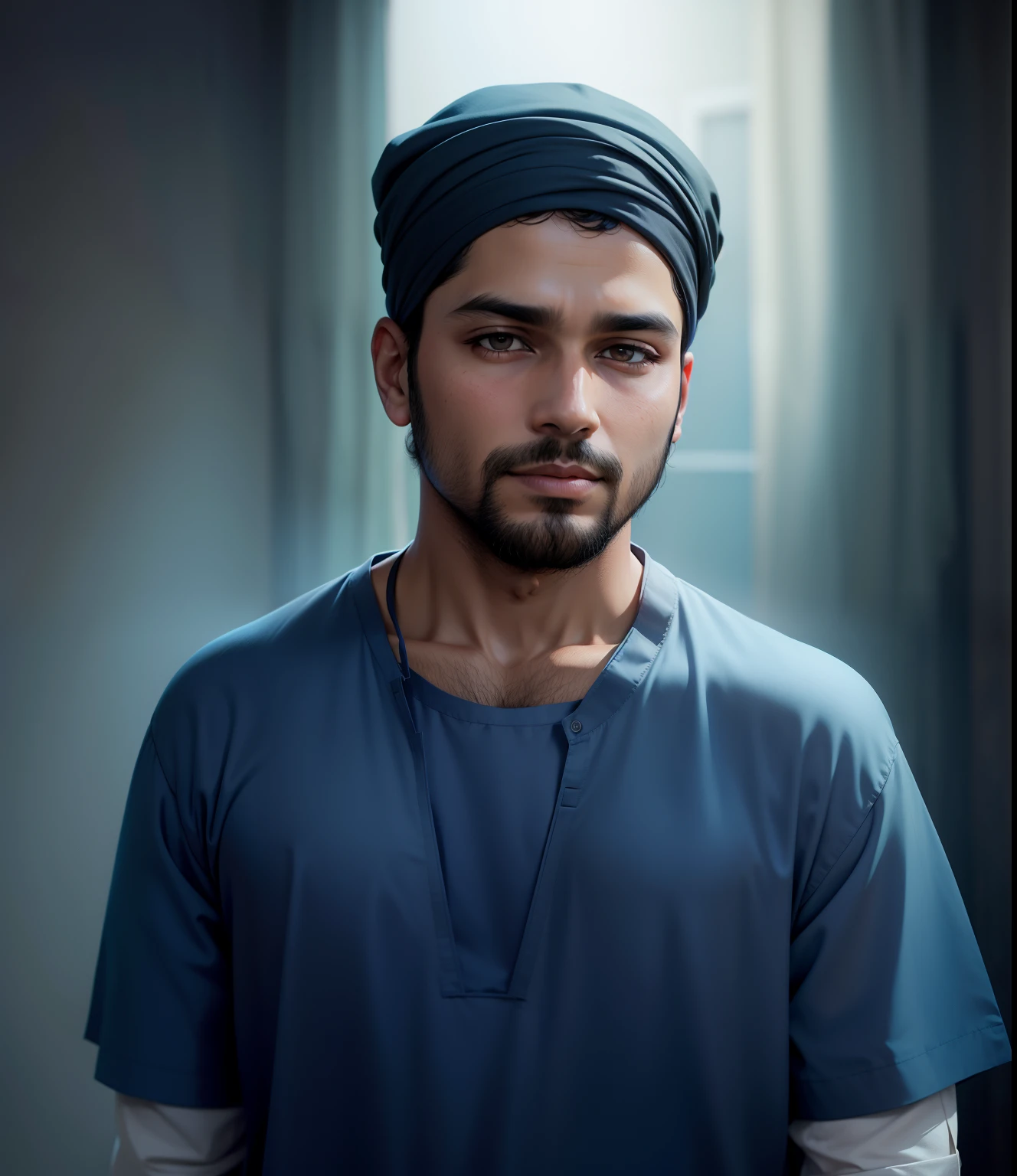 Change background with kurta pajama and islamic pagdi and face side in front and lok so deautiful