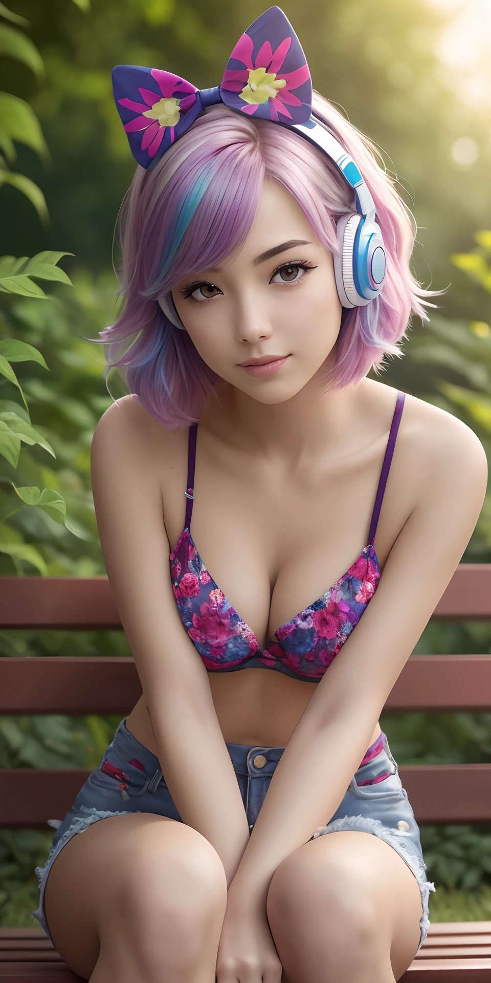 a young woman (random hair color). small tit's. shorter shorts. short top (Random color). sitting on a bench. listening a music. head-phone (random color). garden. crowded people on garden. Complex background. perfect pose. perfect body. perfect head. perfect arm's perfect leg's. perfect finger's. Ultra-Realistic. Ultra-Detailed. Ultra-Sharp Hi-Res. 8K. -- ar 3:4 --auto --s2