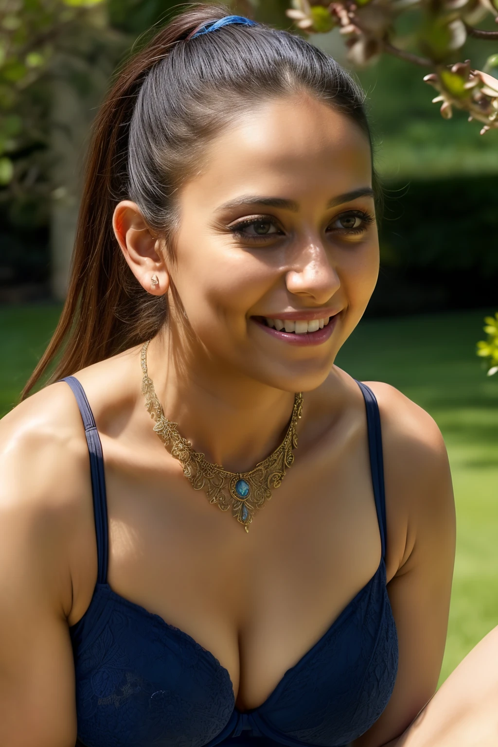 day scene, extreme close up photo of fully naked latina, swooping breasts, chin up, squatting near shrub in a garden, bra, ponytail, armpits, hourglass figure, (blue eyes:1), necklace, 30 yo, look at viewer and smile, (cinematic:1.3), intricate details, (ArtStation:1.2)