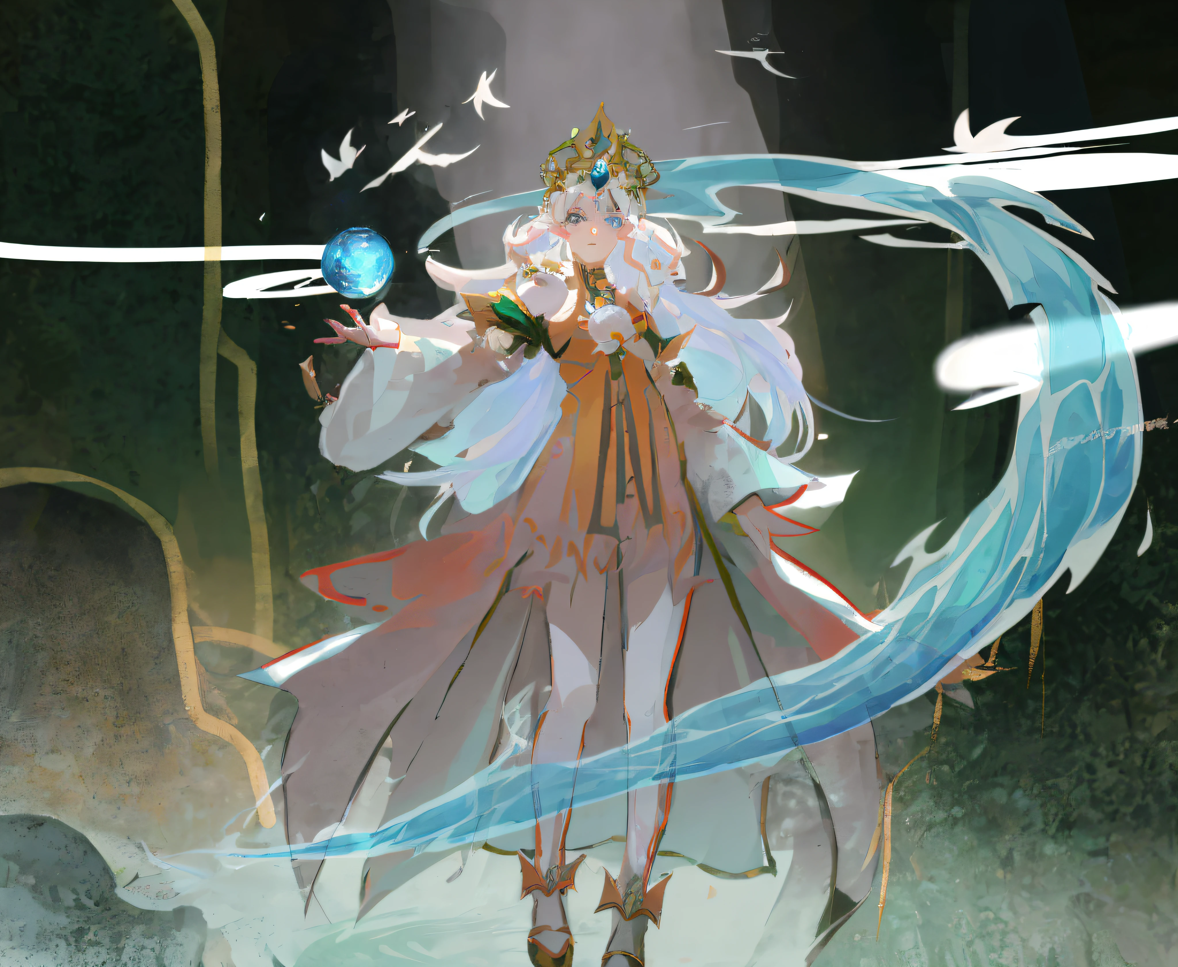 Anime - style illustration of a woman with a magic wand and a crystal ball, white-haired god, Keqing from Genshin Impact, Mago da Terra Feminino, Beautiful celestial mage, goddess of nature, An elf queen, Onmyoji detailed art, portrait of a forest mage, goddess of wisdom, /!\ sorceress woman, ((a beautiful fantasy empress))