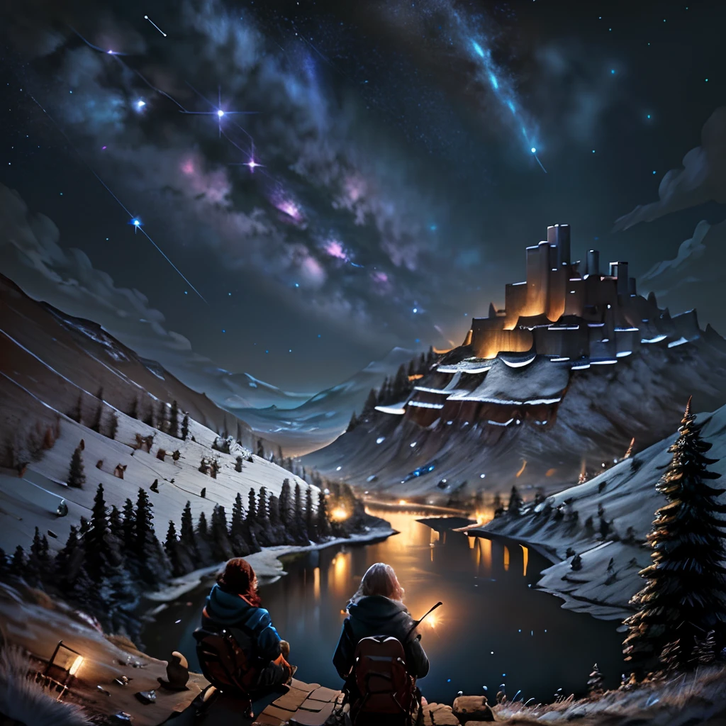 Above is the sky, below is a small hill,The ratio of heaven to hill is 4:1,Time is night,with the sky full of stars,Milky Way cross,Under the hills of the lake,A woman sits on the hill looking at the stars,The woman is the back,Characters are smaller,The picture quality is real and delicate,The starry sky is the main body,The ground is darkly lit,The characters are vague but gendered,8K original image