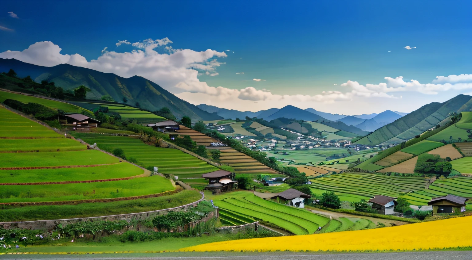 View of small village in the middle of a green valley, Valle encantador, very beautiful scenery, lush countryside, very very beautiful scenery, countryside in japan, very very very beautiful scenery, rolling green hills, Amazing landscape, korean countryside, Landscape scenery, Beautiful landscape, lindo cenario, Green meadows, Japanese countryside, Stunning landscape, Beautiful scenery, Countryside