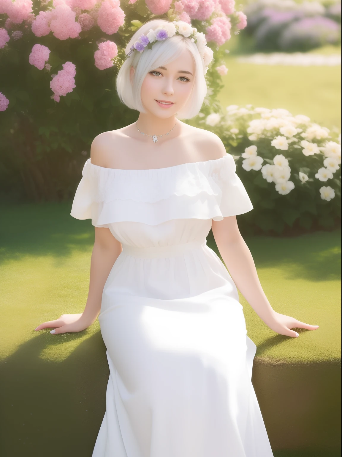 best quality,highly detailed,masterpiece,ultra-detailed,(realistic:1.2), 1girl,25 years old,(flower garden background),standing pose, smiling face, Detailed with eyes, short hair,white hair,purple eyes,hair_ornament,white hair style(white off-shoulder shirt:1.2)short hair,pointy_ears,crown_braid,expressionless,Straight hair,(++sitting:1.3), large breasts, realisctic,ultra detalide,long white dress,long dress