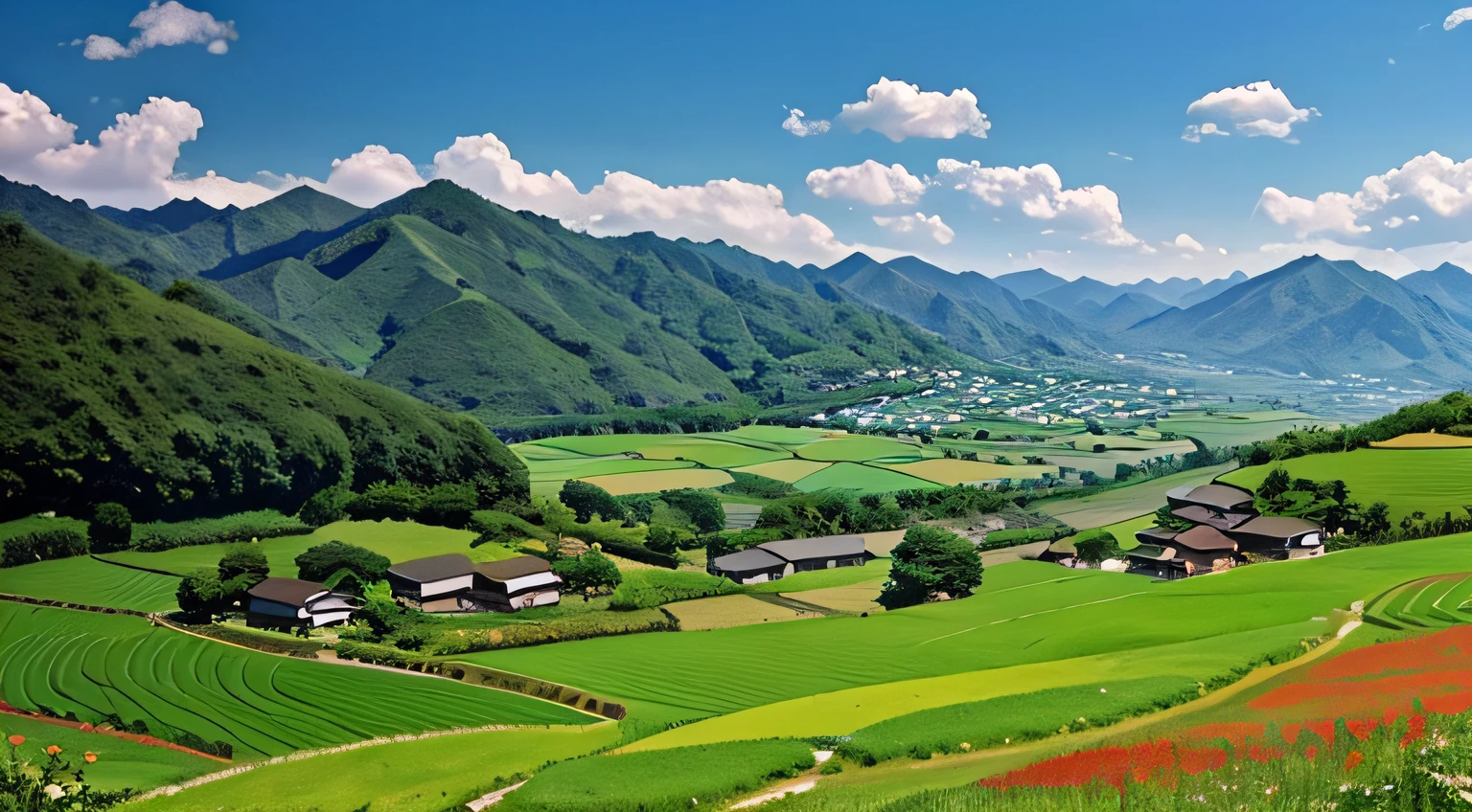 View of small village in the middle of a green valley, Valle encantador, very beautiful scenery, lush countryside, very very beautiful scenery, countryside in japan, very very very beautiful scenery, rolling green hills, Amazing landscape, korean countryside, Landscape scenery, Beautiful landscape, lindo cenario, Green meadows, Japanese countryside, Stunning landscape, Beautiful scenery, Countryside