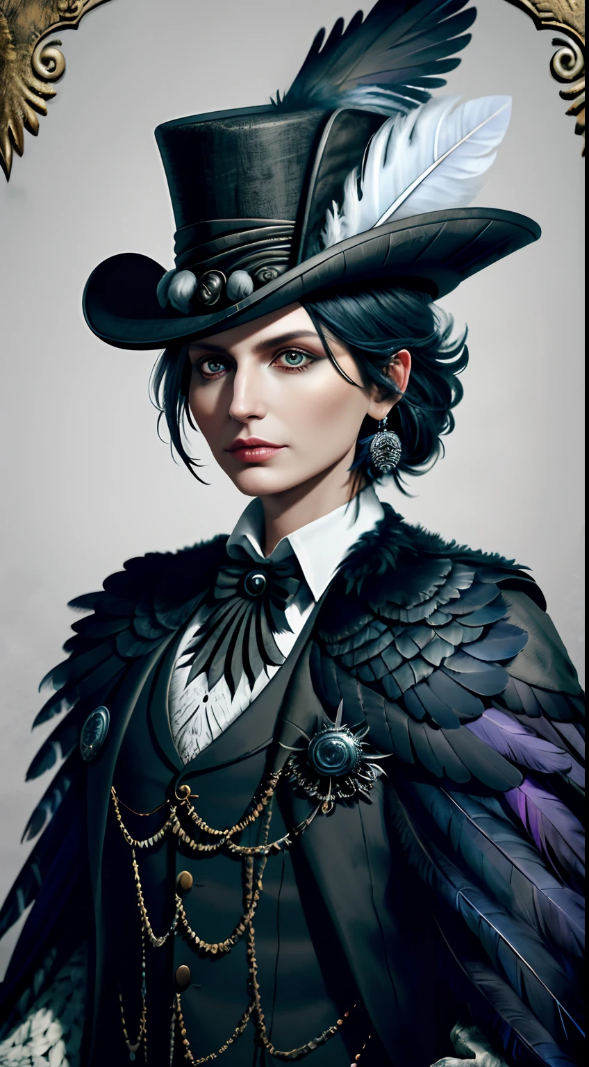 Arakfi in a top hat and feather jacket, portrait of raven, kris kuksi, inspired by Hedi Xandt, anthropomorphic raven knight, portrait of a bloodborne hunter, author：Hedi Xandt, author：Gonzalo Ndhara Crow, inspired by Mirabello Cavalori, Raven portrait!!!!!