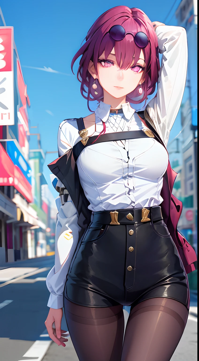 masterpiece, best quality, 1girl, skinny, large breasts, official,shirt, (undressing:1.4), pantyhose, eyewear on head, purple eyes, empty eyes, earrings, street