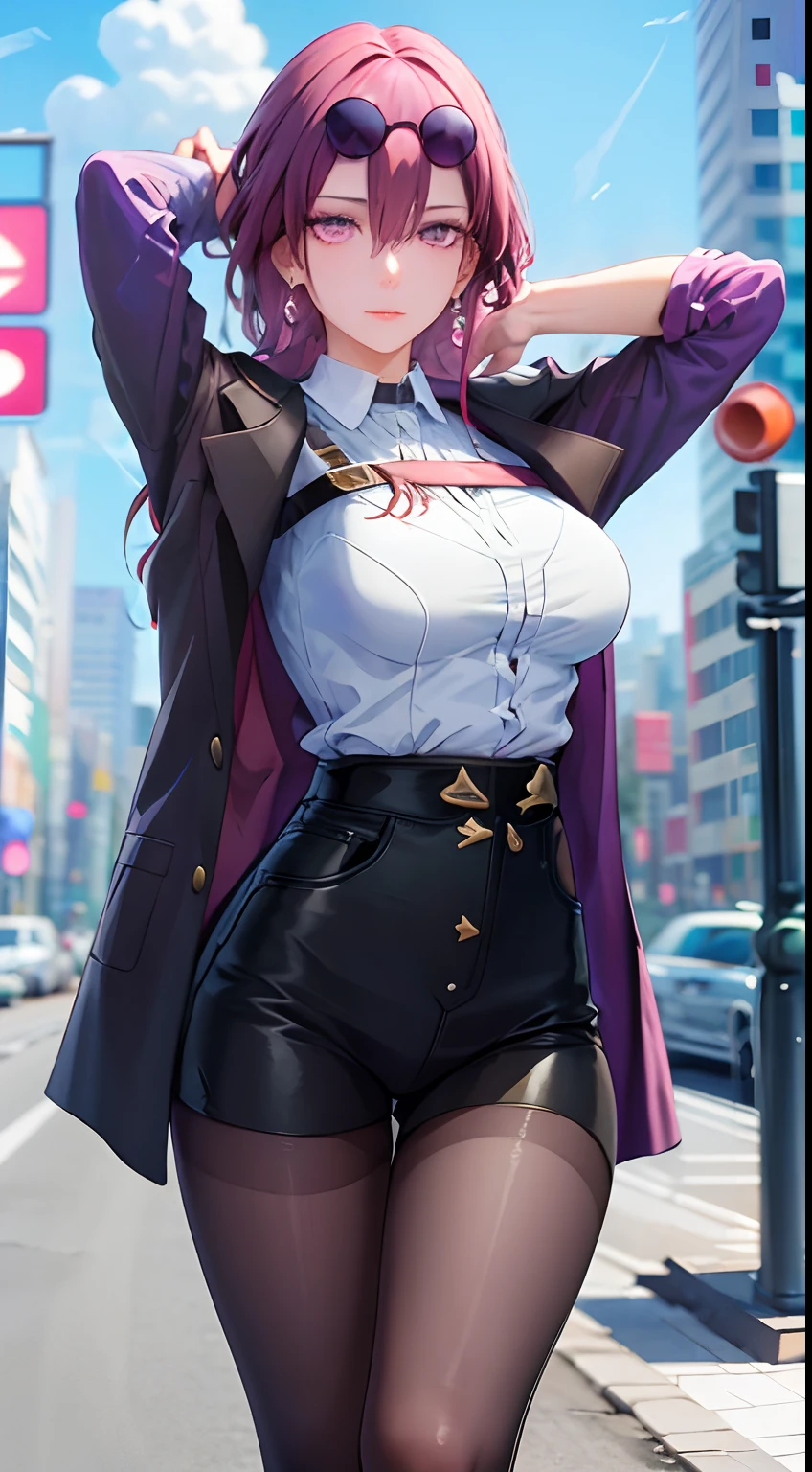masterpiece, best quality, 1girl, skinny, large breasts, official,shirt, (undressing:1.4), pantyhose, eyewear on head, purple eyes, empty eyes, earrings, street