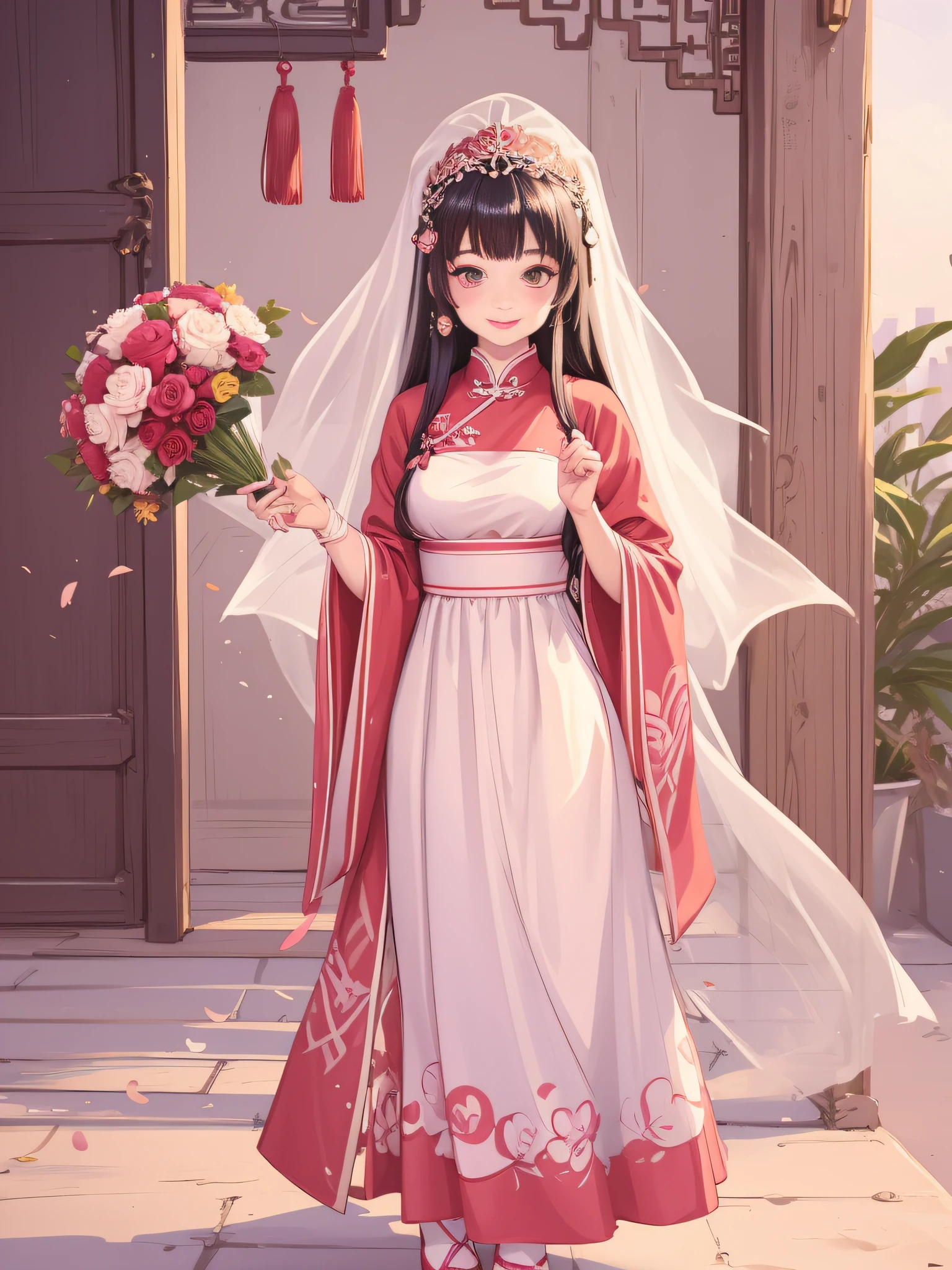 Long Light Hair,close to face,Chinese big eyes girl with lipstick on her lips, Realistic scene style, Light pink and light maroon, Bouquet in hand,Wearing a veil,Smiling,I can't believe how beautiful this is, pixar-style, pixar-style, pixar-style, pixar-style,Light white and dark pink, cartoon character
