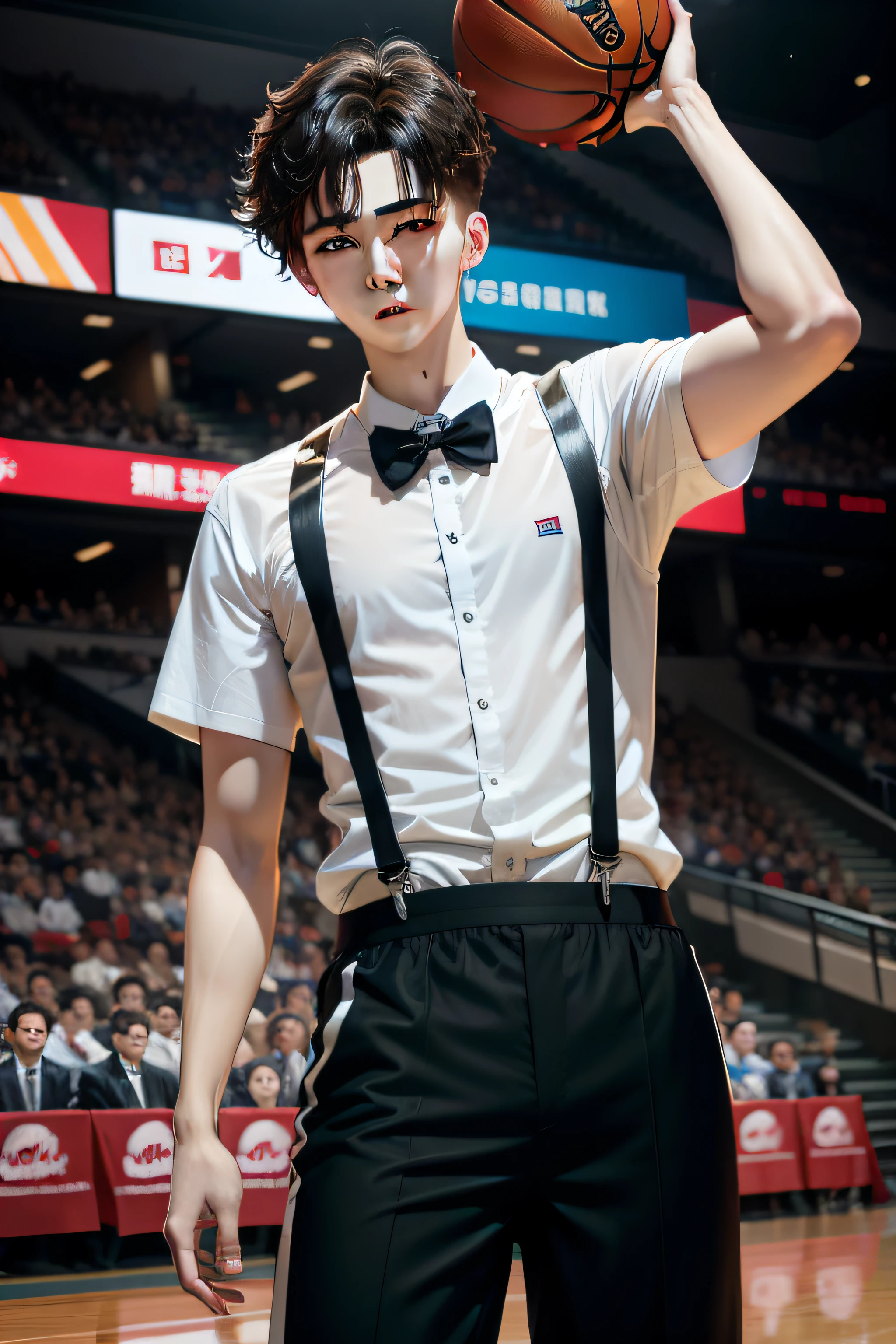 Cai Xukun plays basketball,Black suspenders
