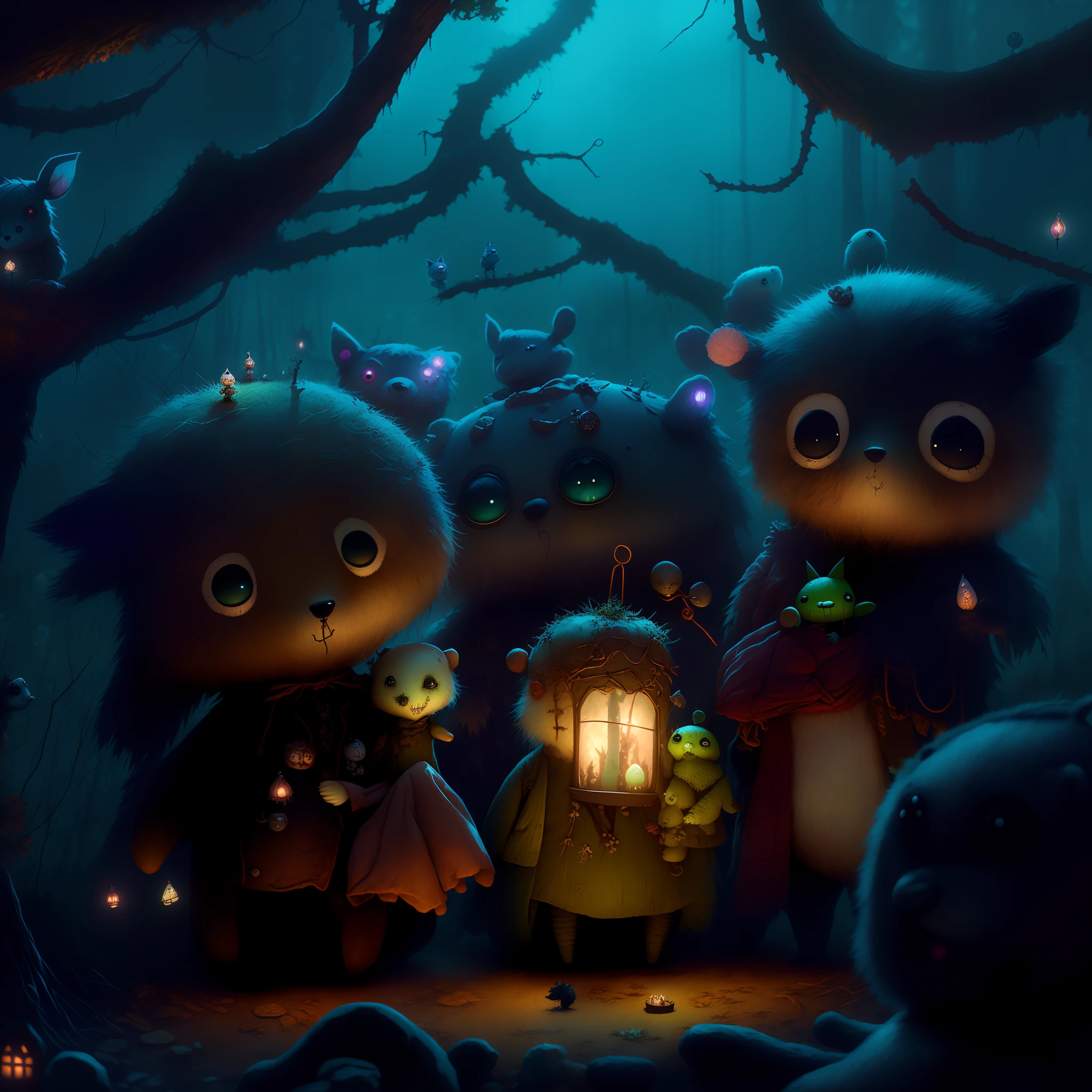 a close up of a group of stuffed animals in a forest, 3 woodland critters, alexander jansson style, adorable digital painting, fantasy matte painting，cute, still from animated horror movie, evil spirits roam with lanterns, beeple and jeremiah ketner, cute detailed digital art, cgsociety ), animated film, by Alexander Jansson, jean baptiste monge