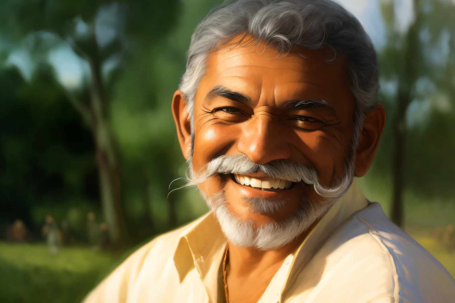Smiling man with white beard and mustache, Smiling man, brown skin man with a giant grin, smiling male, portrait photo of an old man, 7 0 mm portrait, Smiling portrait, photo of a man, a photo of a man, Laughing man, joyful expressions, portrait of a old, 60mm portrait, close - up portrait shot，Age wrinkles，concept-art，Oil painting，Moody gray，Tenacity style style Alexei Savlasov，Ivan Shishkin，Ilya Repin，（Card retouching：1.2），2d，（oil painted：1.2）highly  detailed
