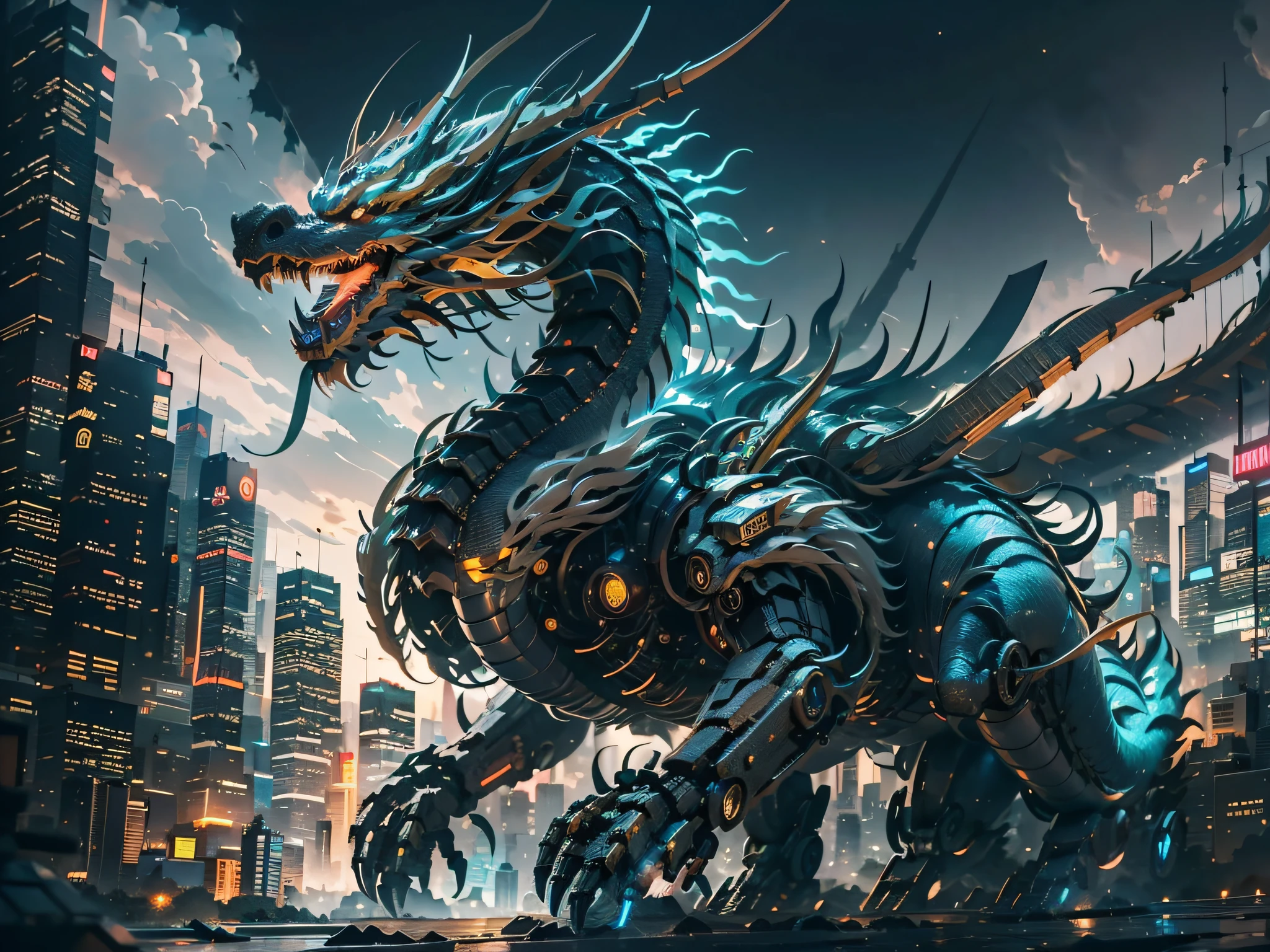 A mecha dragon，Mecha Chinese dragon，A technology background that is ahead of the future，Domineering，multiple lighting sources，Complex structures，Cyber city background，Buildings，the night，with light glowing，（（tmasterpiece，best qualtiy）），illustration，Ultra-detailed 8K，Clear focus，A highly detailed，Professional lighting，Colorful detailed，