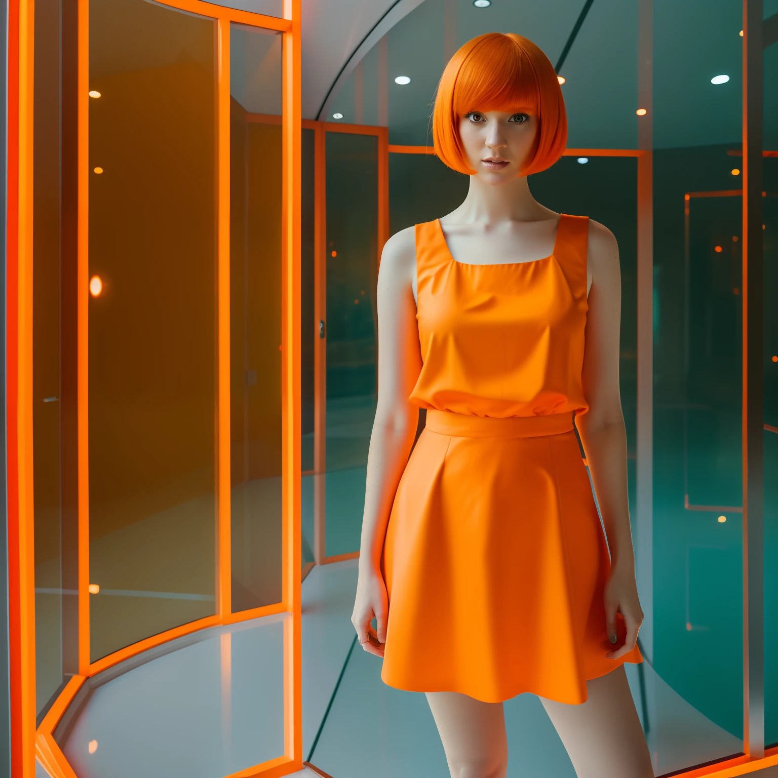 arafed woman with orange hair and a pink dress standing in a glass room, full body, orange hair, bright orange hair, bob cut orange hair, bob cut orange hair, she has bob cut redorange hair, fairycore, orange glowing hair, she looks like a mix of grimes, orange skin and bob cut fiery hair, lily frank
