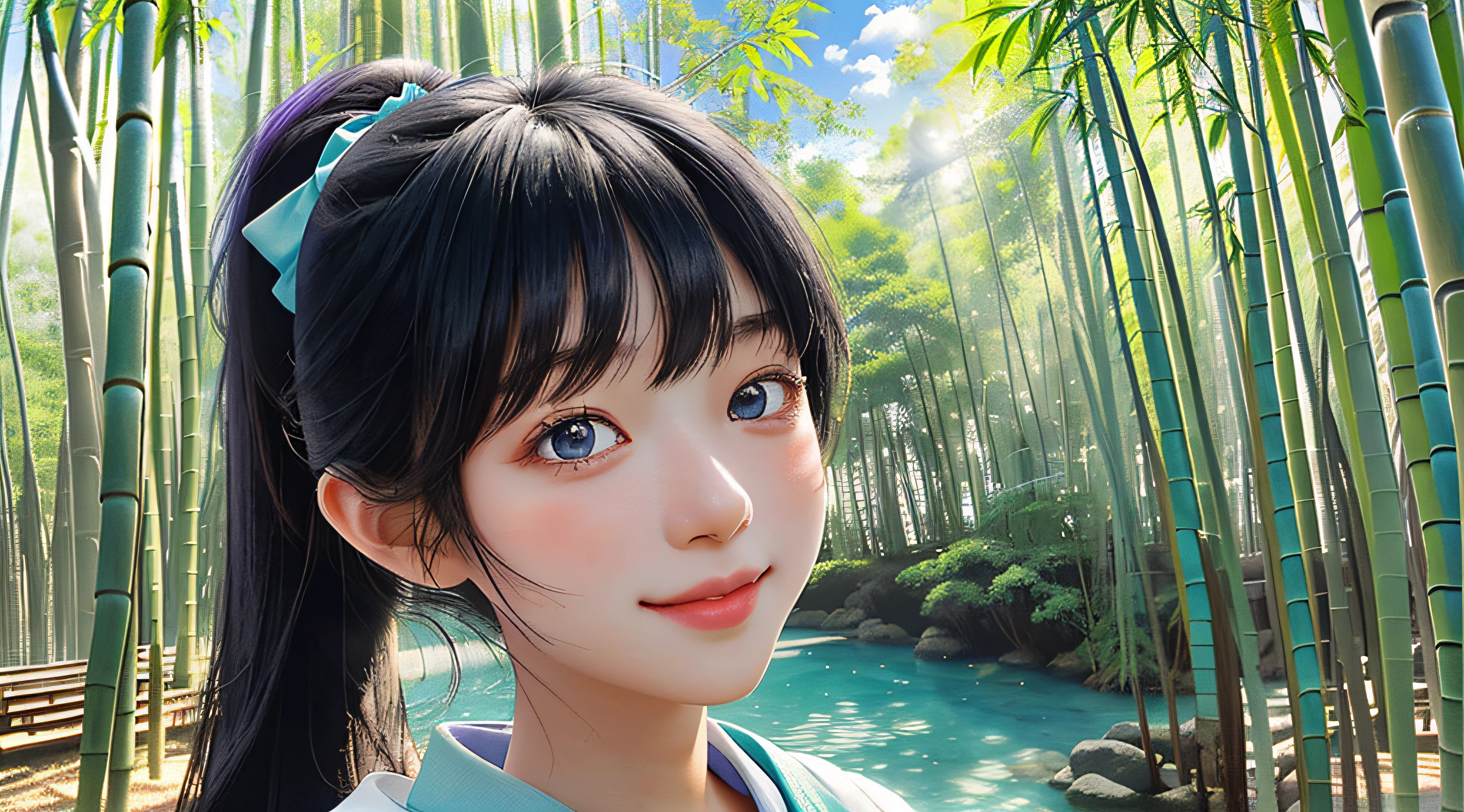 Under a blue sky,The bamboo forest in summer exudes a turquoise glow。The white clouds are white and flawless,The sun is sunny and warm,The beauty of nature shines。Amongst this backdrop,A young girl of about eighteen years old appeared in front of us kindly。
The girl has thick eyebrows,The big watery eyes reveal innocence and tenderness。Her long jet black hair is split into crossed bangs and a front ponytail,The head is also embellished with cartoon ribbon ornaments。At the moment,Her face was slightly red,Dressed in a lilac dress,Standing in the turquoise bamboo forest。
Hydrangeas in a variety of beautiful colors,Such as red、Yellow and purple,Surround the girl。She smiled sweetly,The gaze is gentle on the audience,Reveal a mouthful of white, flawless teeth。She naturally placed her hands beside her,A happy smile on his face。
The sun shines warmly,Illuminates the flowers and bamboo groves,Make them sparkle。The soft shadows on the girl's face contrast with the surroundings。Behind her,The sea of hydrangeas stretches into the distance,Purple and saffron flower sea with bamboo forest、The blue sky blends together。
Despite the tranquility of the surroundings,But the whole scene is filled with joy and joy。Girl's cuteness and joy,The audience's happiness and appreciation,It is perfectly presented in this picture。