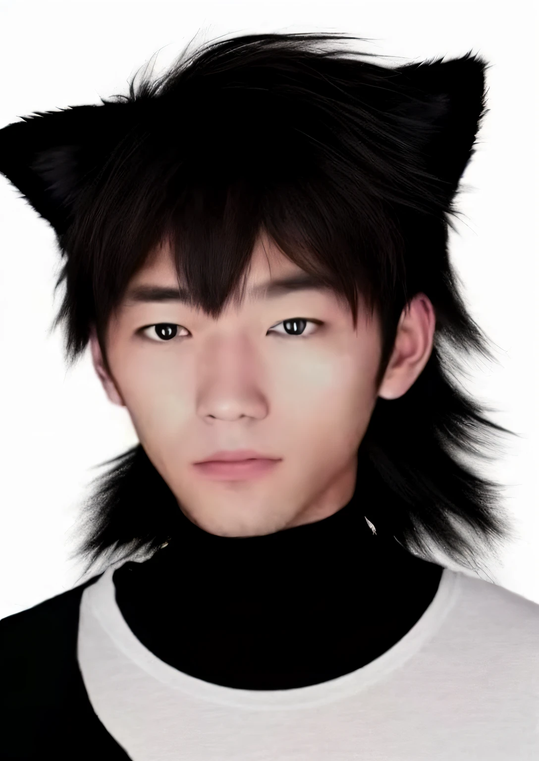 Close-up of a person wearing a black shirt and white background, Furry cat ears on the head