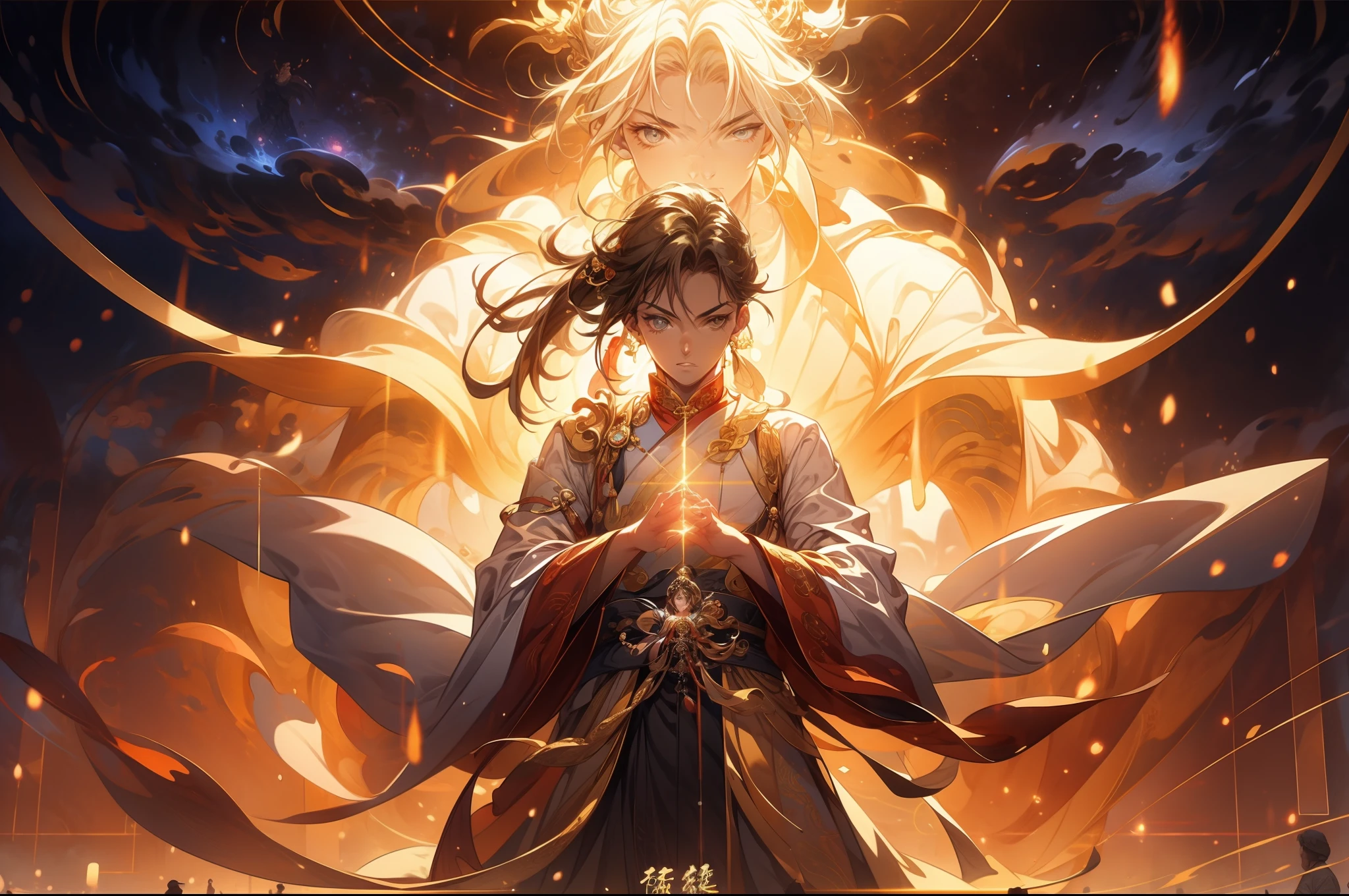 Chinese mythology，Chinese long-haired little Taoist，（Wide robe），（the space），（He stood in front of a huge transparent projection。。，Golden light。。。。。。。。。。。：1.4），（cleanness：1.4），Brown，Stretch your hands，swords drawn，The background is the sky of an ancient Chinese city。 Infinite Sword System，Tyndall effect，Glow effects，Anime art style，Romantic graffiti，Meticulous，Realism is popular， New Fauvist style，Knolling，8K，tmasterpiece，super-fine，best qualtiy，8K，tmasterpiece，Works of masters，Detailed pubic hair，Accurate，Epic shooting，（Look up：1.5）