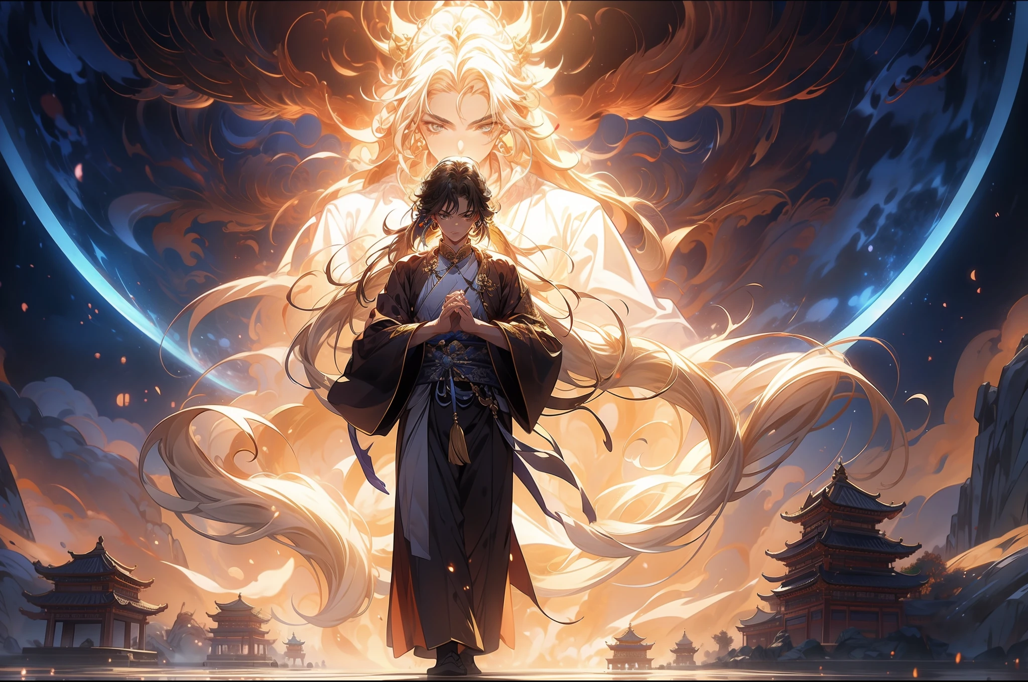 Chinese mythology,Chinese long-haired little Taoist,(Wide robe),(the space),(He stood in front of a huge transparent projection。。,Golden light。。。。。。。。。。。:1.4),(cleanness:1.4),Brown,Stretch your hands,swords drawn,The background is the sky of an ancient Chinese city。 Infinite Sword System,Tyndall effect,Glow effects,Anime art style,Romantic graffiti,Meticulous,Realism is popular, New Fauvist style,Knolling,8K,tmasterpiece,super-fine,best qualtiy,8K,tmasterpiece,Works of masters,Detailed pubic hair,Accurate,Epic shooting,(Look up:1.5)