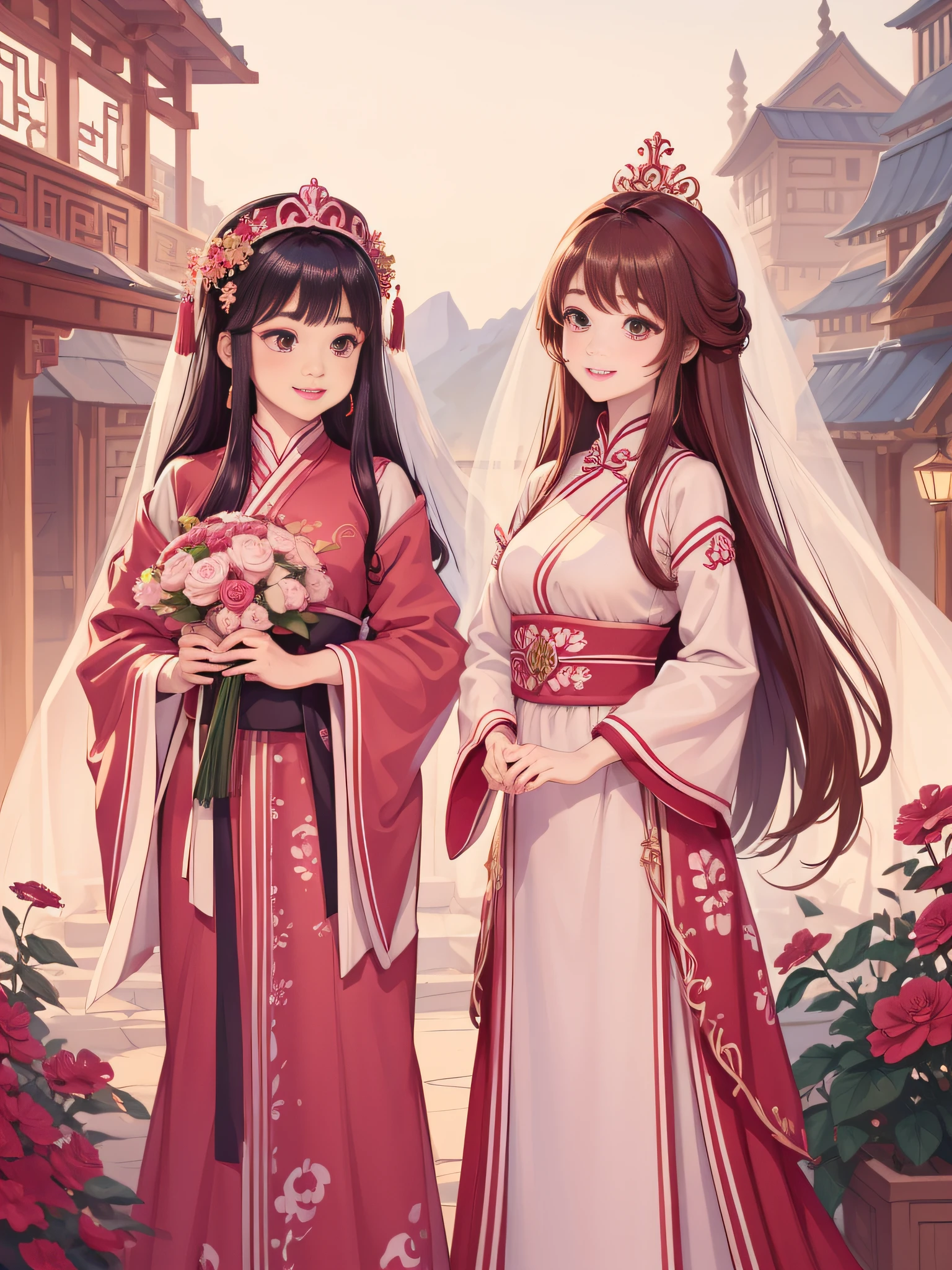 Long Light Hair,close to face,Chinese big eyes girl with lipstick on her lips, Realistic scene style, Light pink and light maroon, Bouquet in hand,Wearing a veil,Smiling,I can't believe how beautiful this is, pixar-style, pixar-style, pixar-style, pixar-style,Light white and dark pink, cartoon character