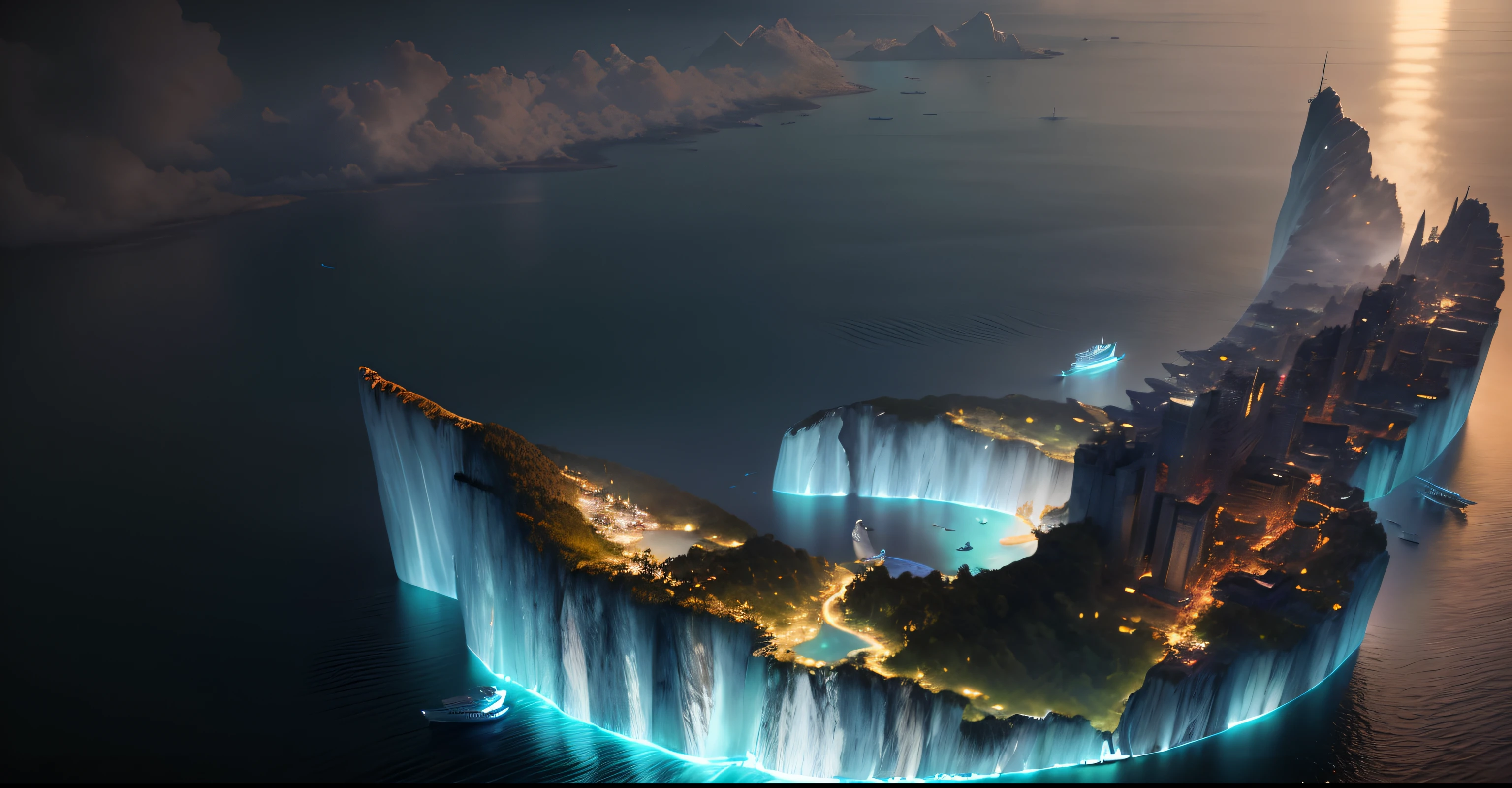 Blue ocean,Aerial view of the water body, There are ships on the sea,Seagulls are flying,The island has modern architecture,an exquisite 3 d map, The island is densely forested, tmasterpiece,Best quality at best,high qulity,The is very detailed, CG unified 8k wallpaper,award winning photography,Bokeh,depth of fields,hdr,blooms,color difference、真实感、The is very detailed、Trends on ArtStation、Trends on CGSociety、iintricate、high detal、dramatics、Midjourney Art、Volumetriclighting