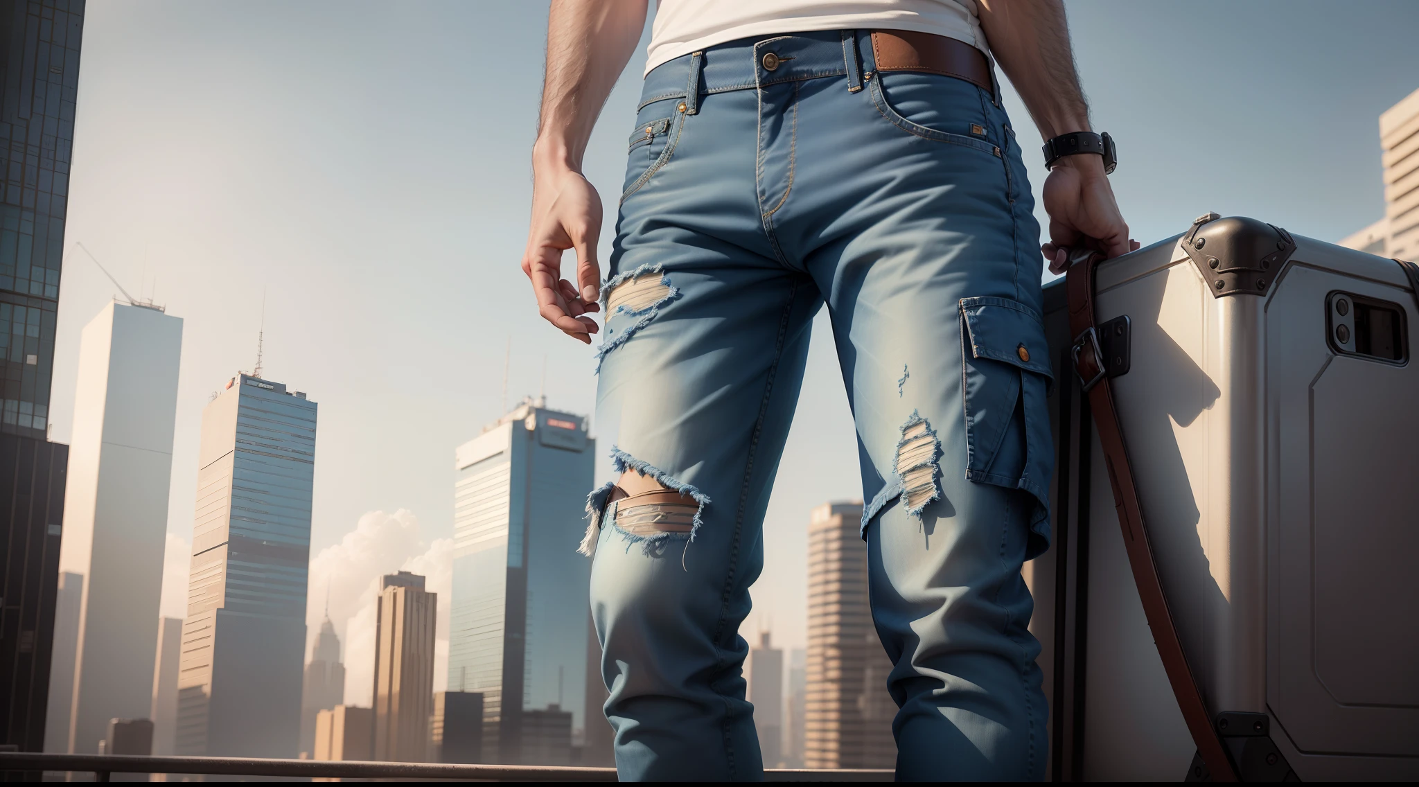 A close-up of a man in jeans, Denim, jeans pants, Denim Jeans Pants, denim pant, Blue jeans. Unreal 5, zido, full height view, high detal, product image, distant full body view, high detail product photo, baggy jeans, Jeans, Blue jeans, cargo pants. Cyberpunk city, demobaza, cargo pants