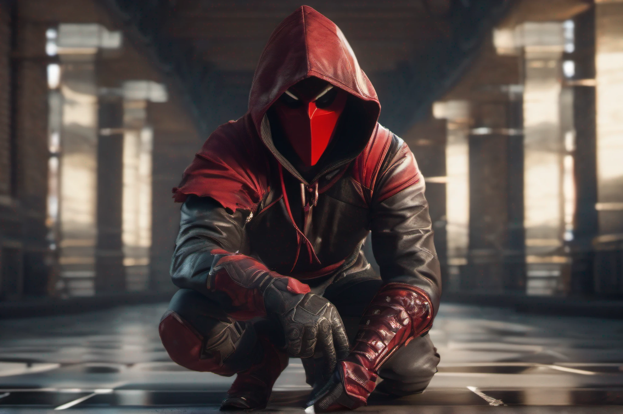 Cinematic, free space above head, Stunning full body imagery of Assassin inspired Dare-Devil (assassin hood on his head ), 16K resolution, looking in the camera, Unreal engine-5 rendering quality, octane render, UHD, HDR, highly detailed artwork, 3D render, DSLR picture quality,