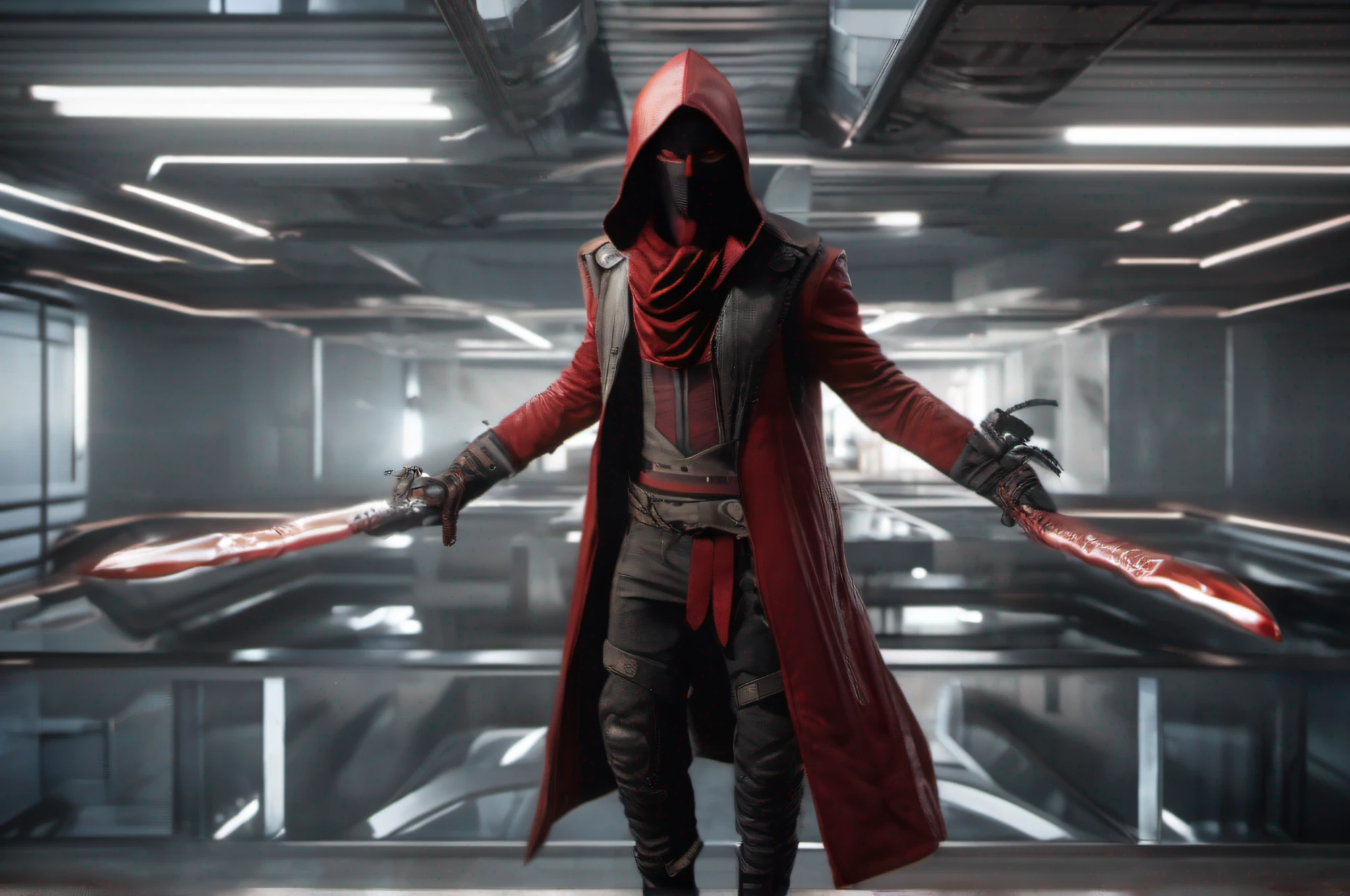 Cinematic, free space above head, Stunning full body imagery of Assassin inspired Dare-Devil (assassin hood on his head ), 16K resolution, looking in the camera, Unreal engine-5 rendering quality, octane render, UHD, HDR, highly detailed artwork, 3D render, DSLR picture quality,