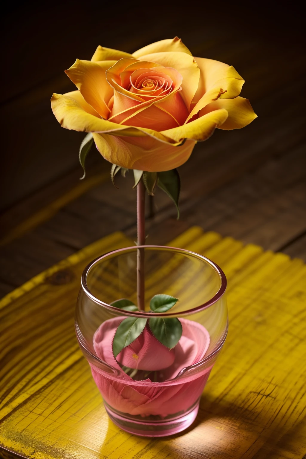 Uma (rosa amarela:1.5) solitaria em um vaso fino de vidro em cima de uma mesa de madeira rustica. Photo and studio lighting. Uhd. Realista. Detalhada.