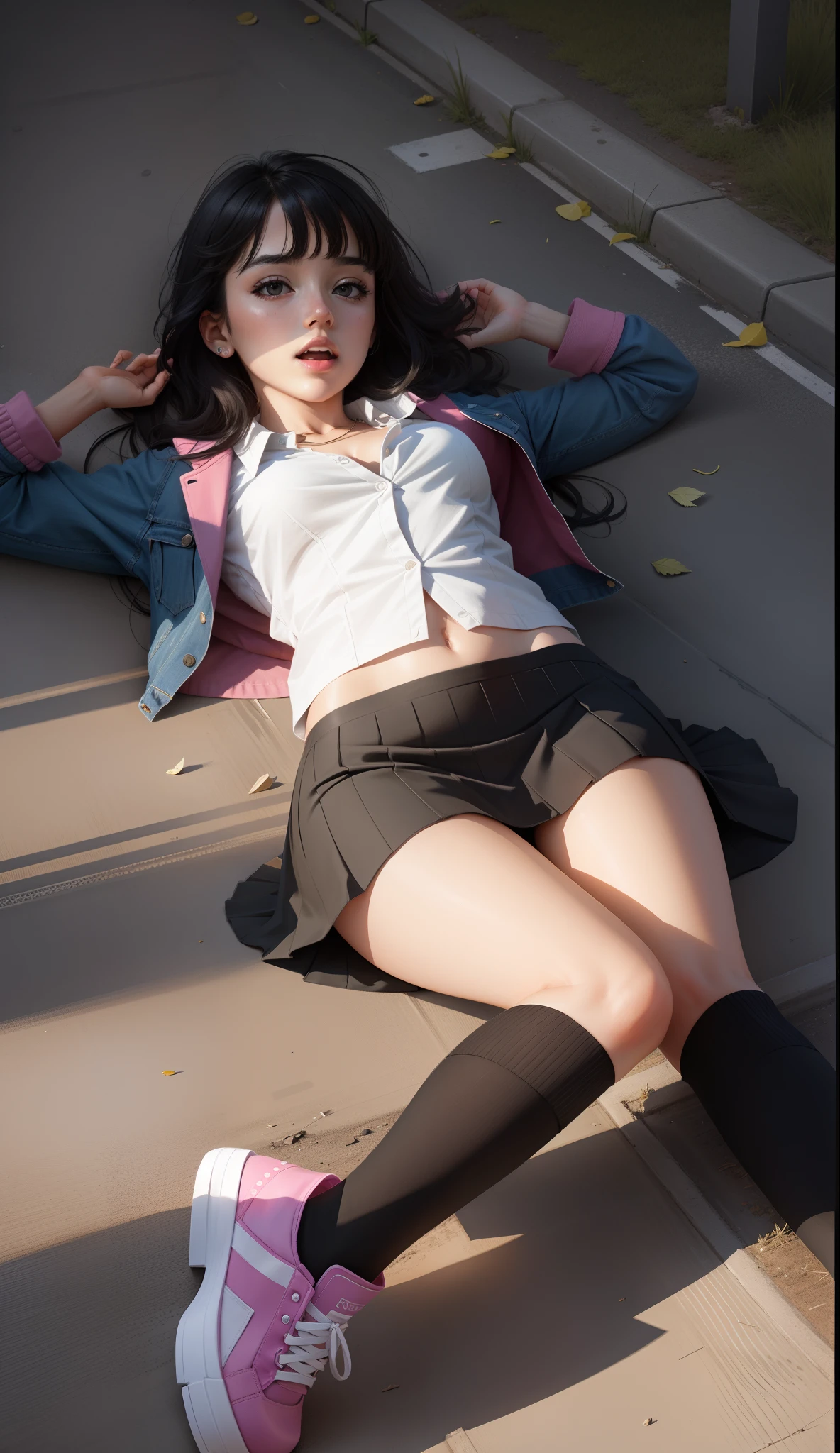 Girl lying on the ground,22 year old,realisticlying,She wears a short skirt,Her mouth was open